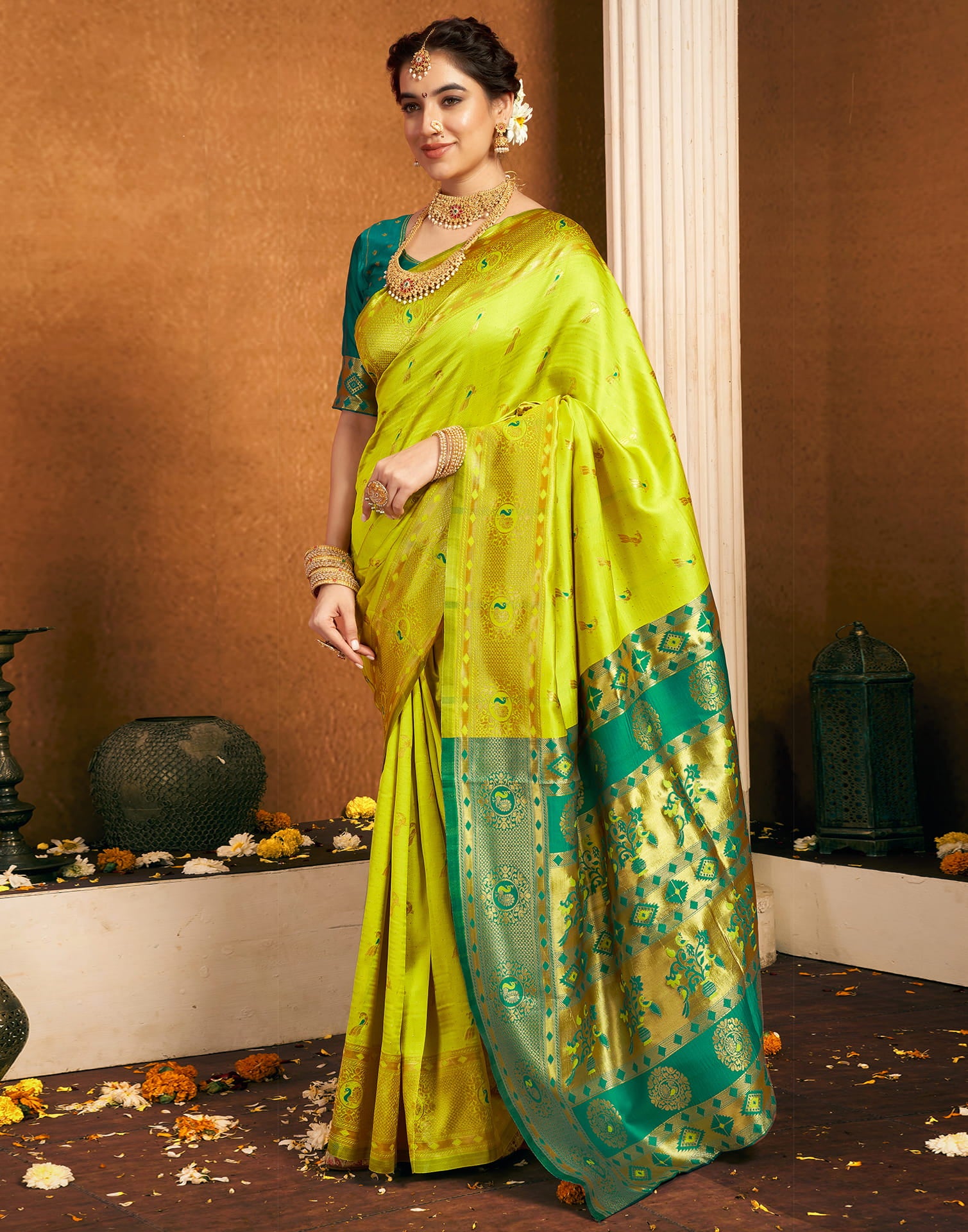 Lime Green Silk Woven Paithani Saree