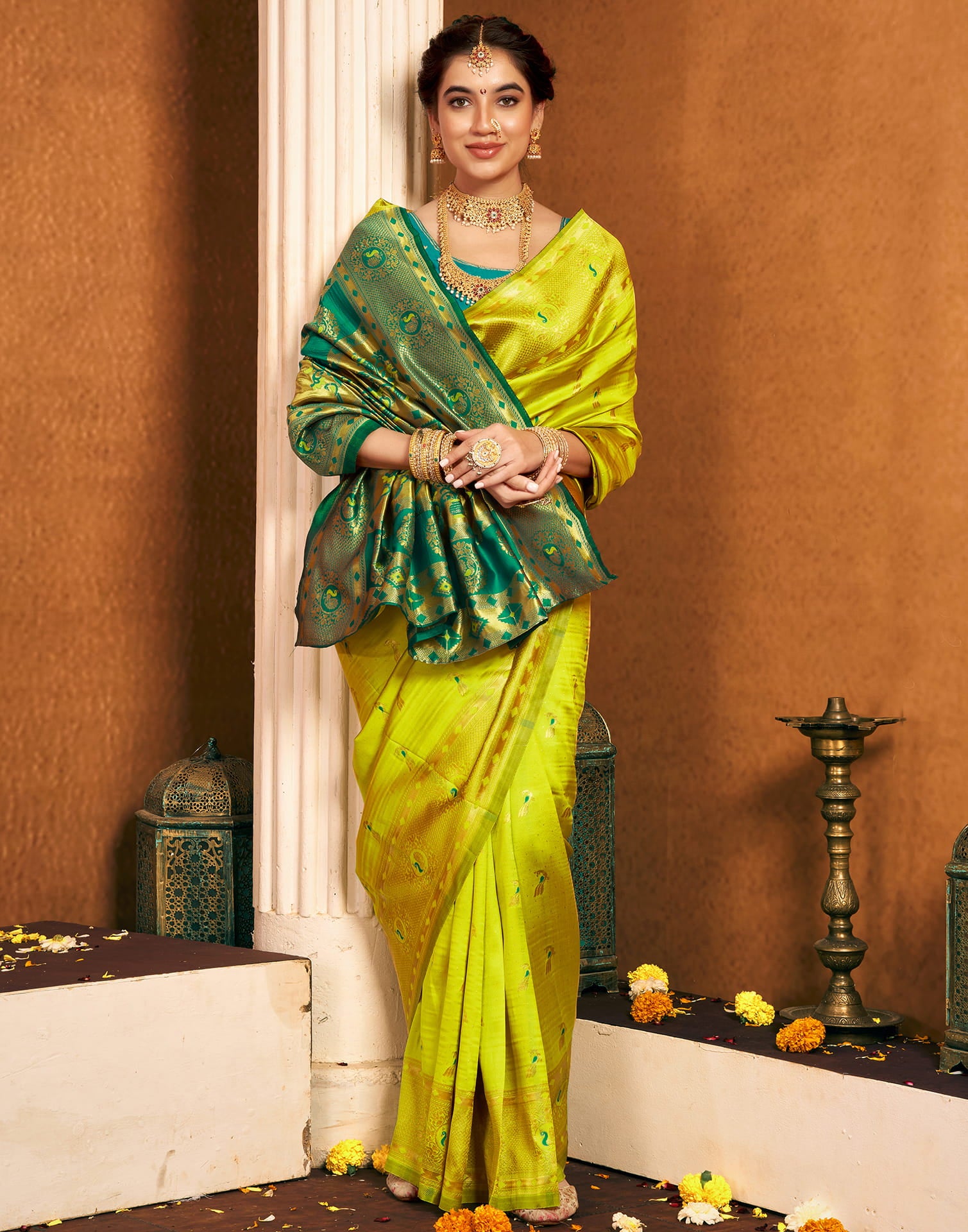 Lime Green Silk Woven Paithani Saree