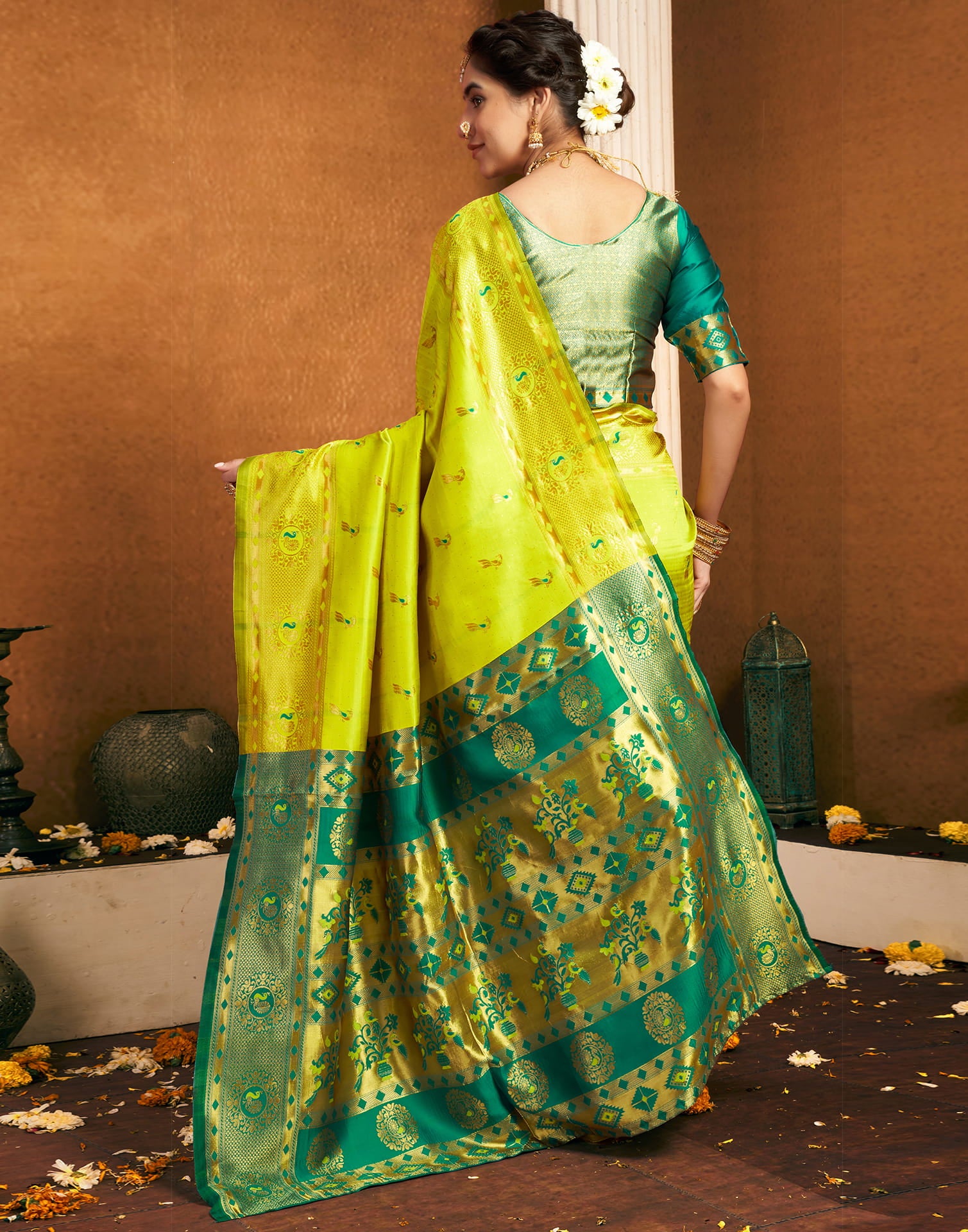 Lime Green Silk Woven Paithani Saree