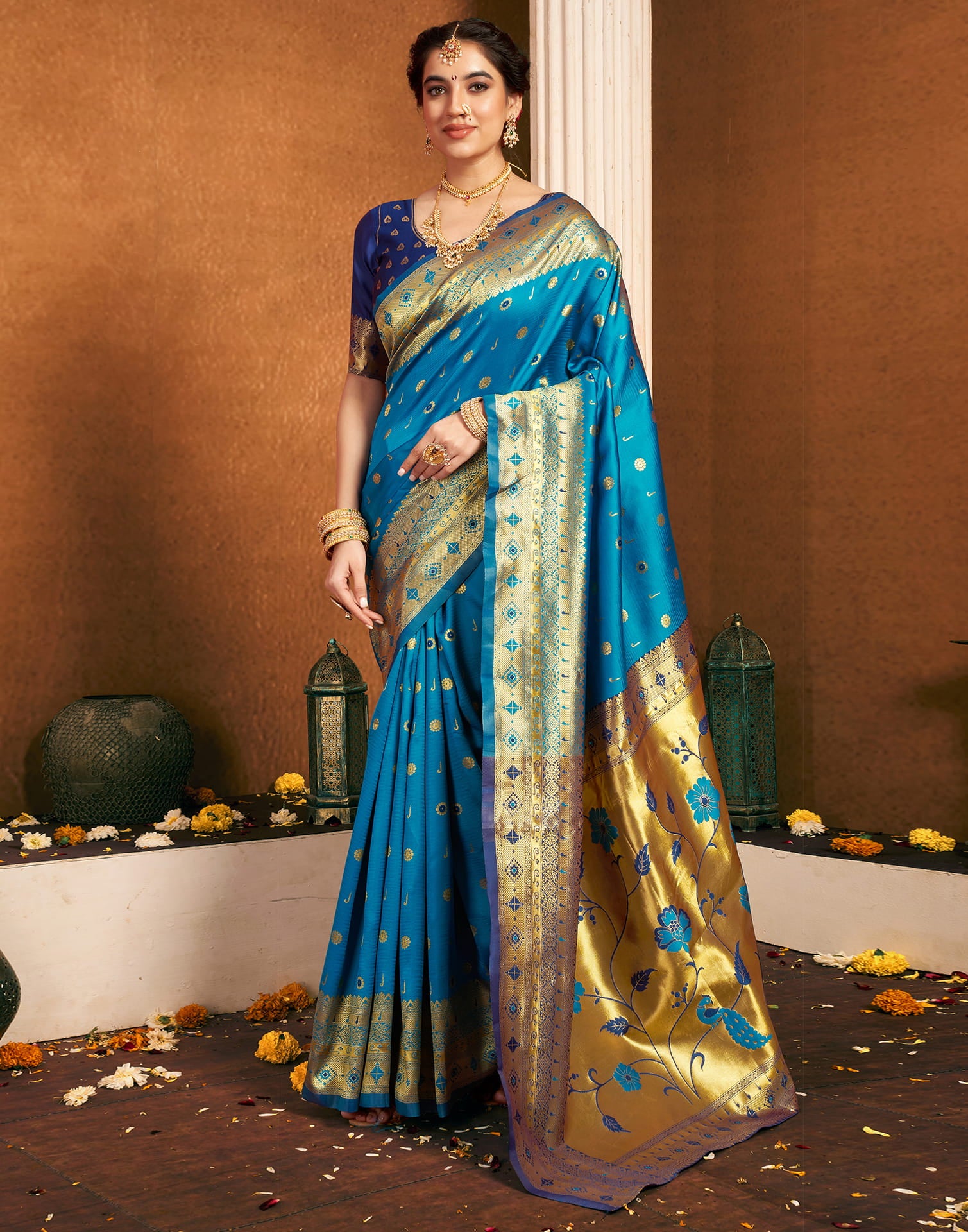 Teak Blue Silk Woven Paithani Saree