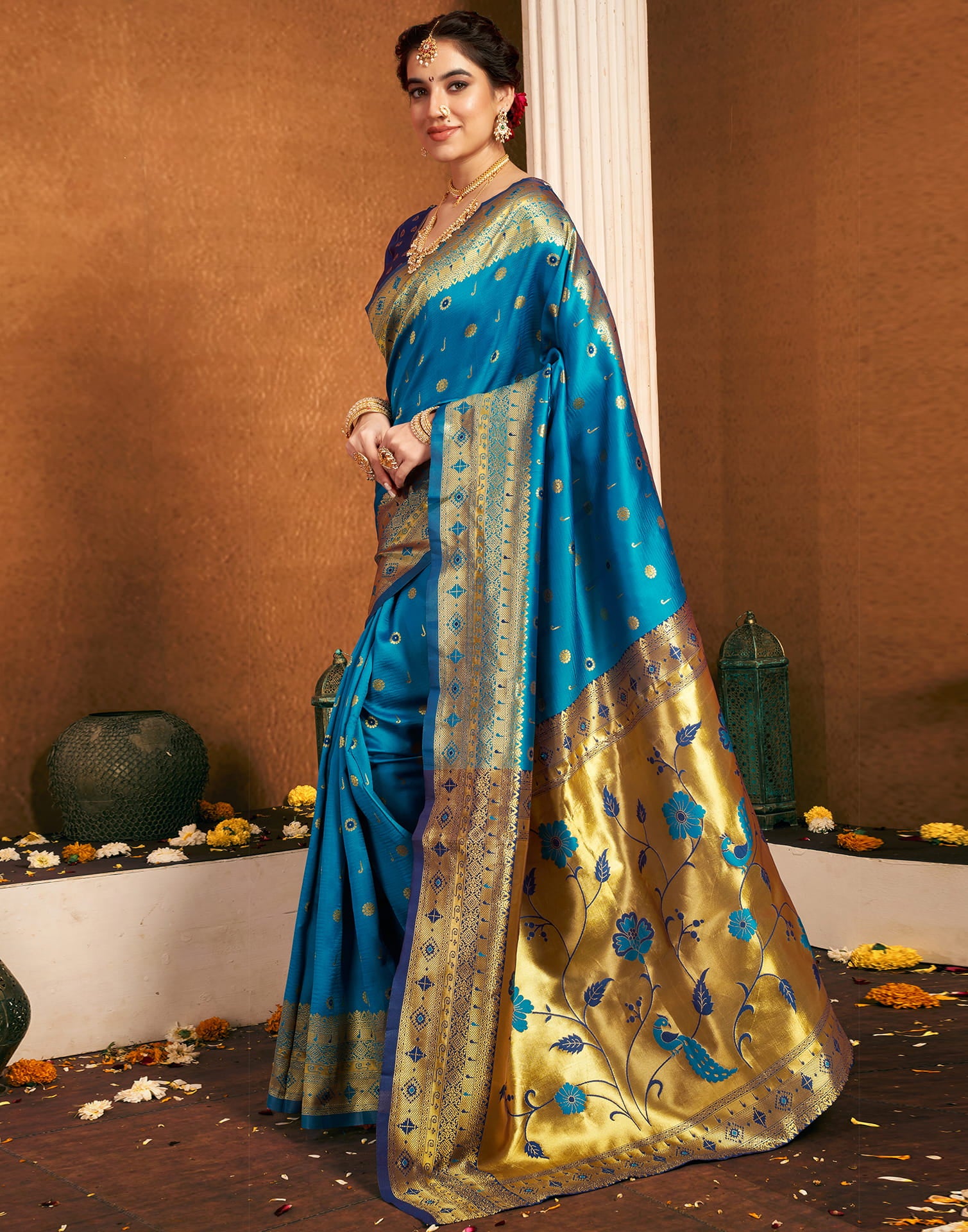 Teak Blue Silk Woven Paithani Saree