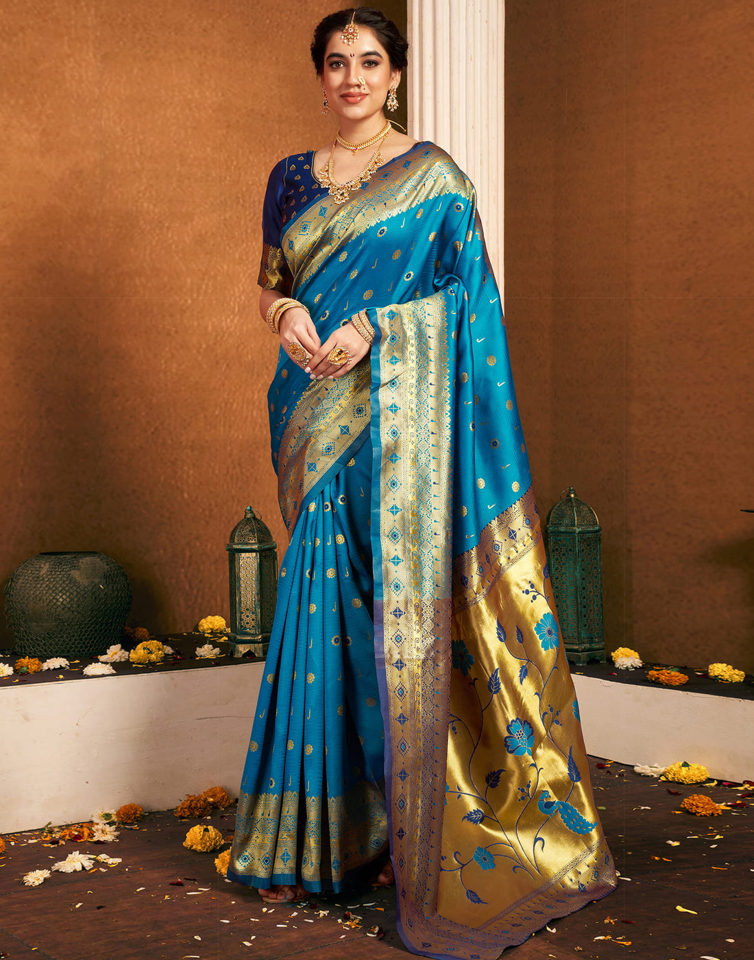 Teak Blue Silk Woven Paithani Saree