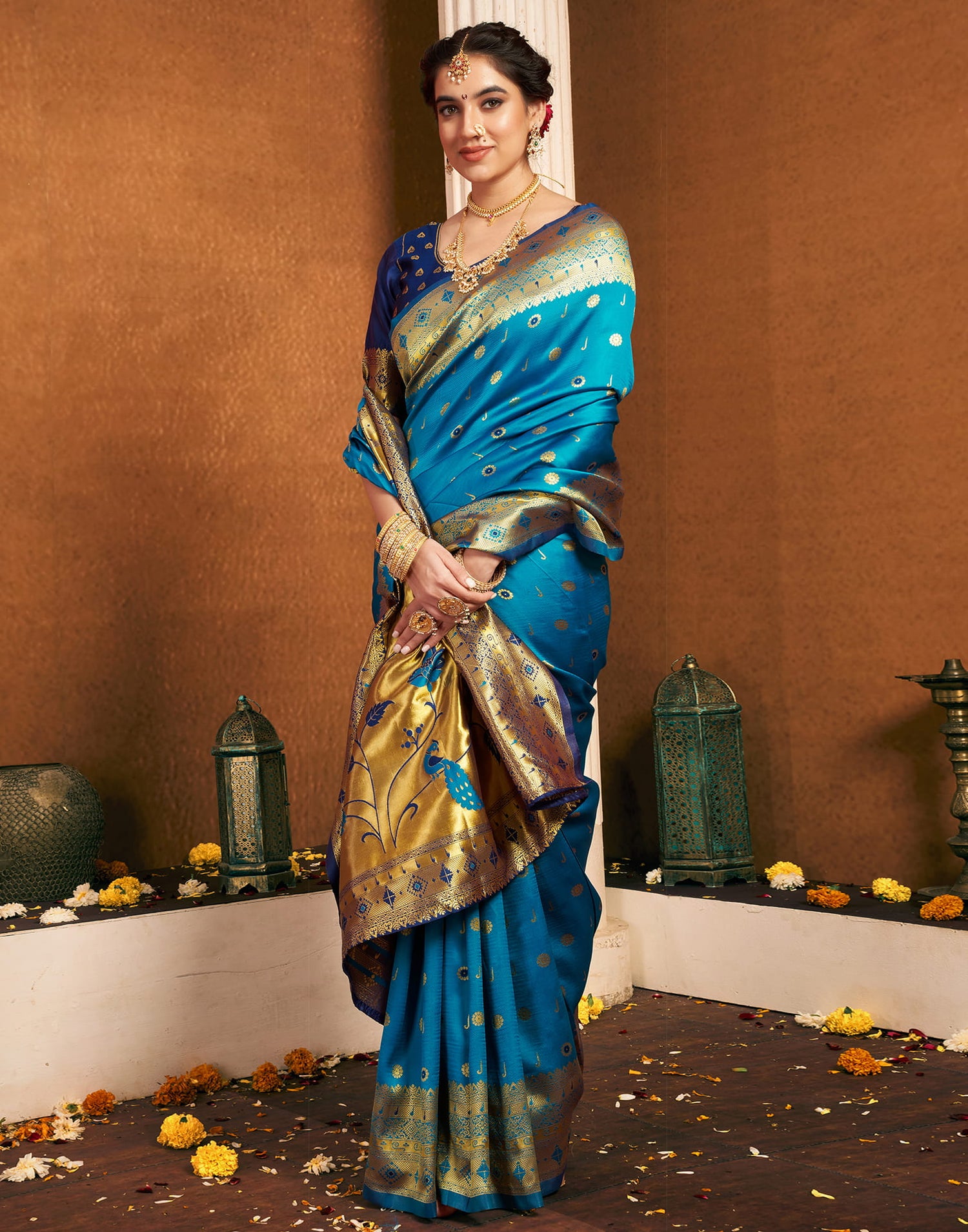 Teak Blue Silk Woven Paithani Saree