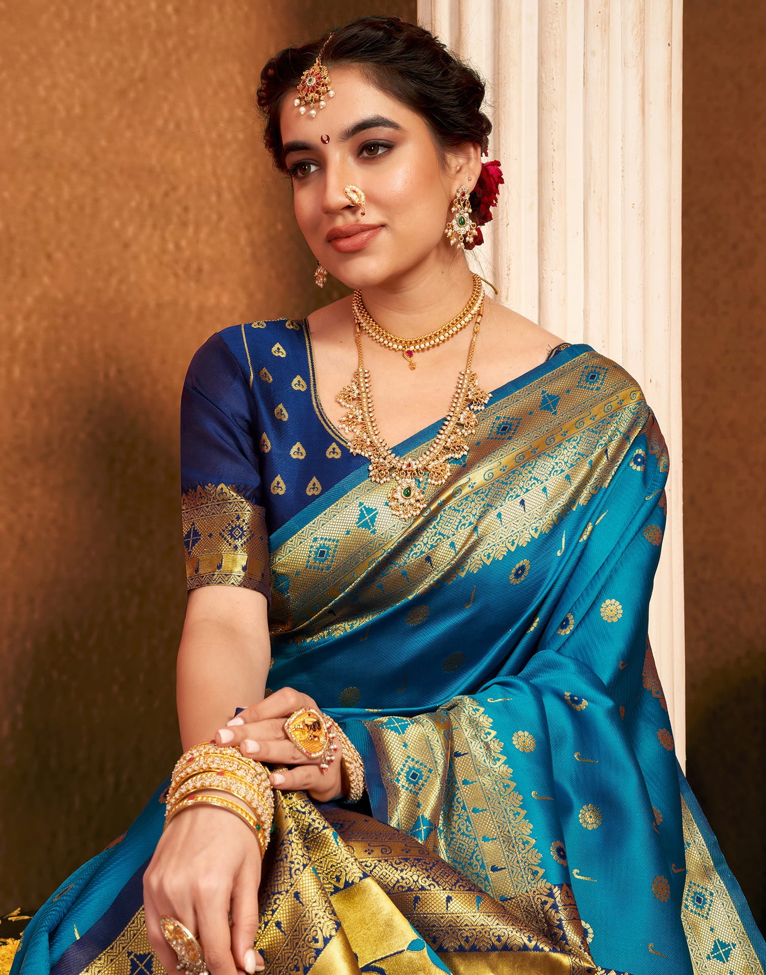 Teak Blue Silk Woven Paithani Saree