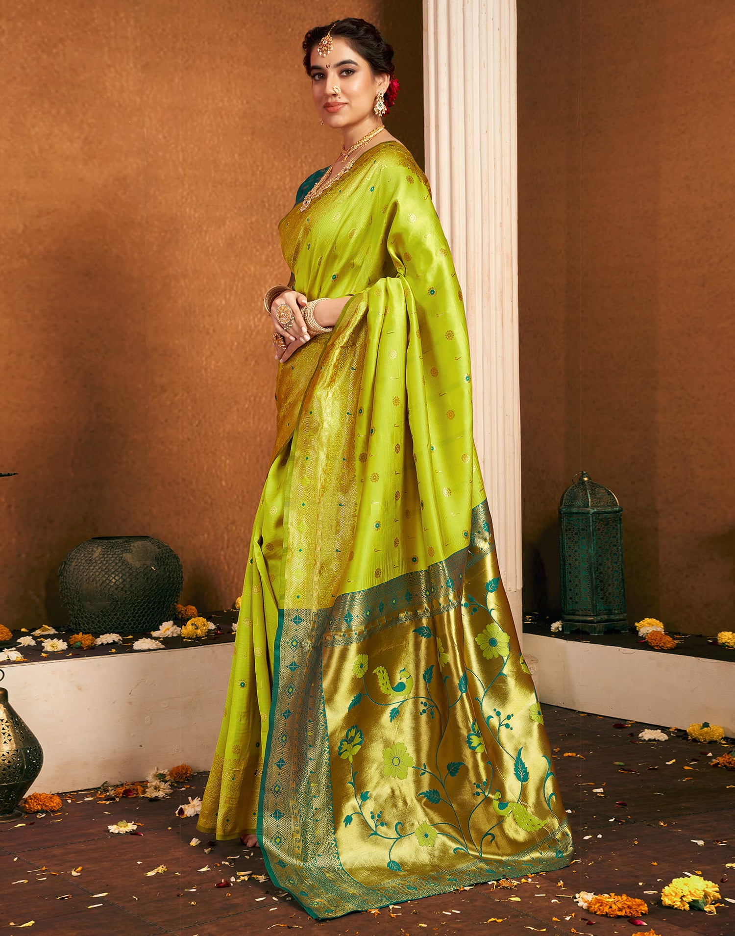 Lime Green Silk Woven Paithani Saree