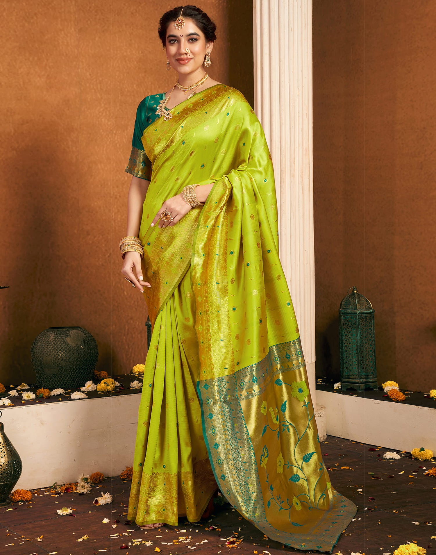 Lime Green Silk Woven Paithani Saree