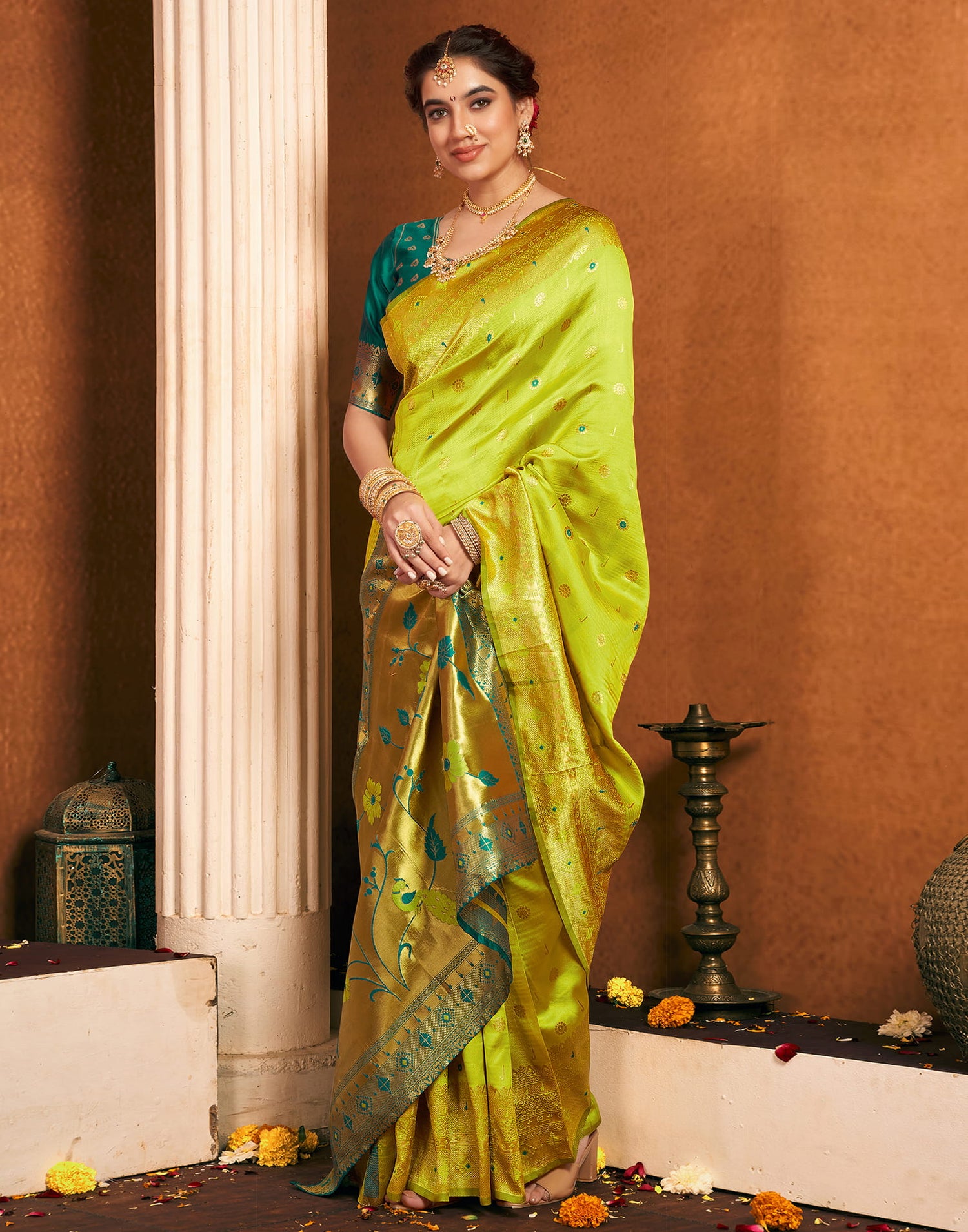 Lime Green Silk Woven Paithani Saree