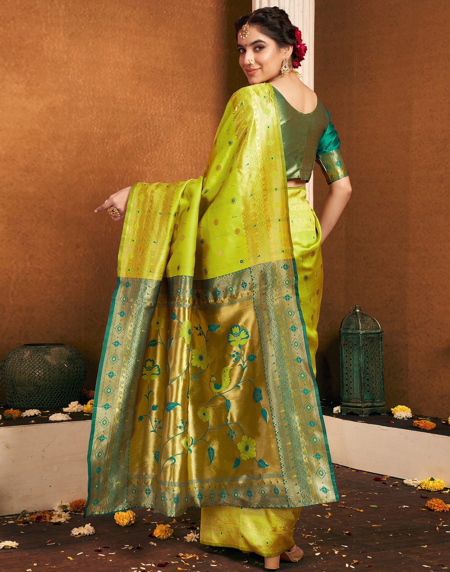 Lime Green Silk Woven Paithani Saree