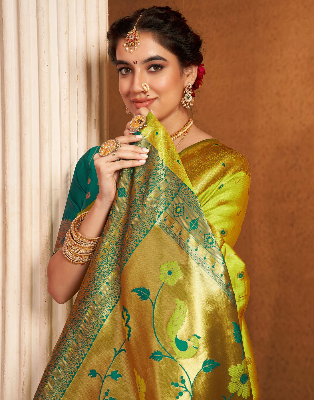 Lime Green Silk Weaving Paithani Saree