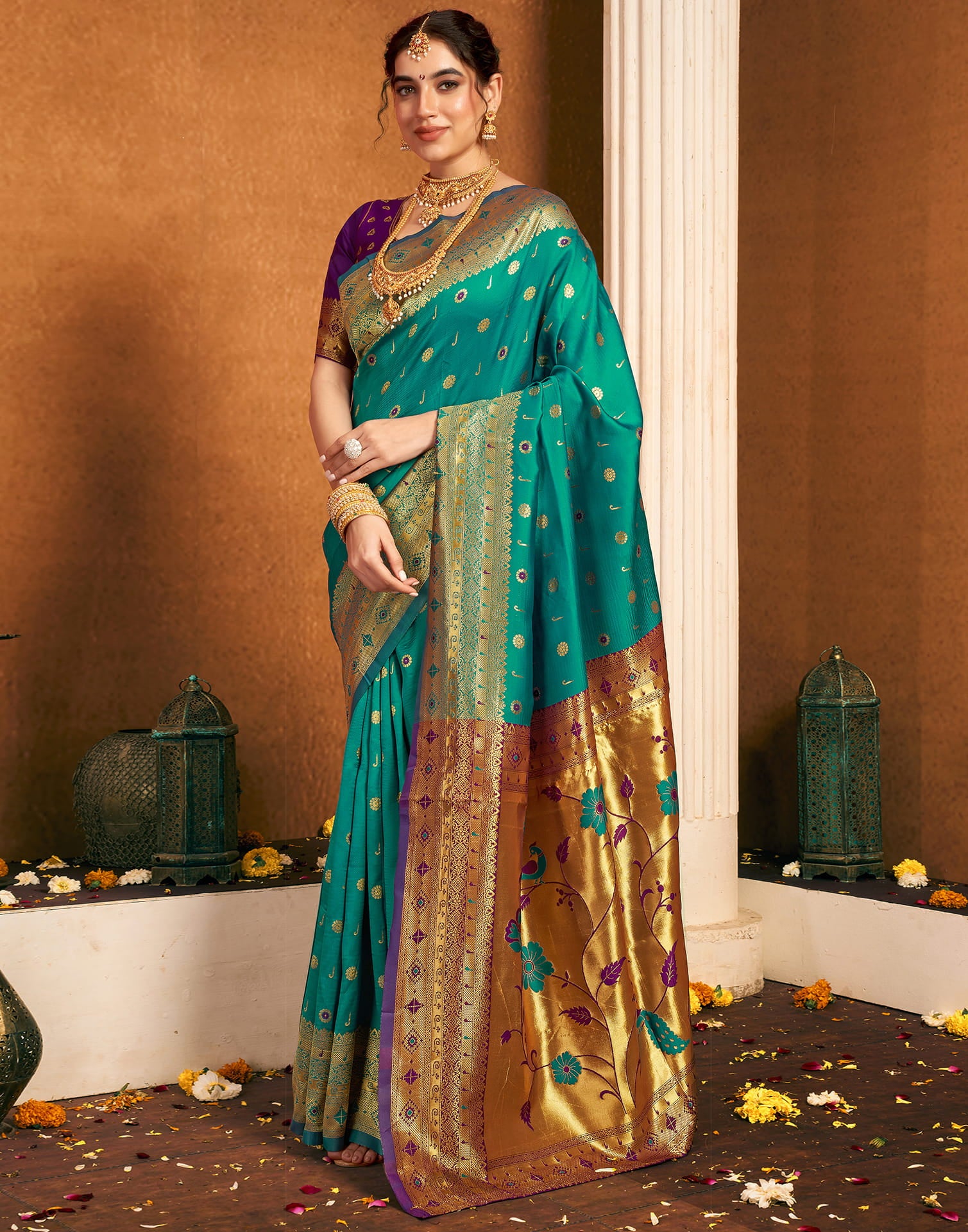 Teal Green Silk Woven Paithani Saree