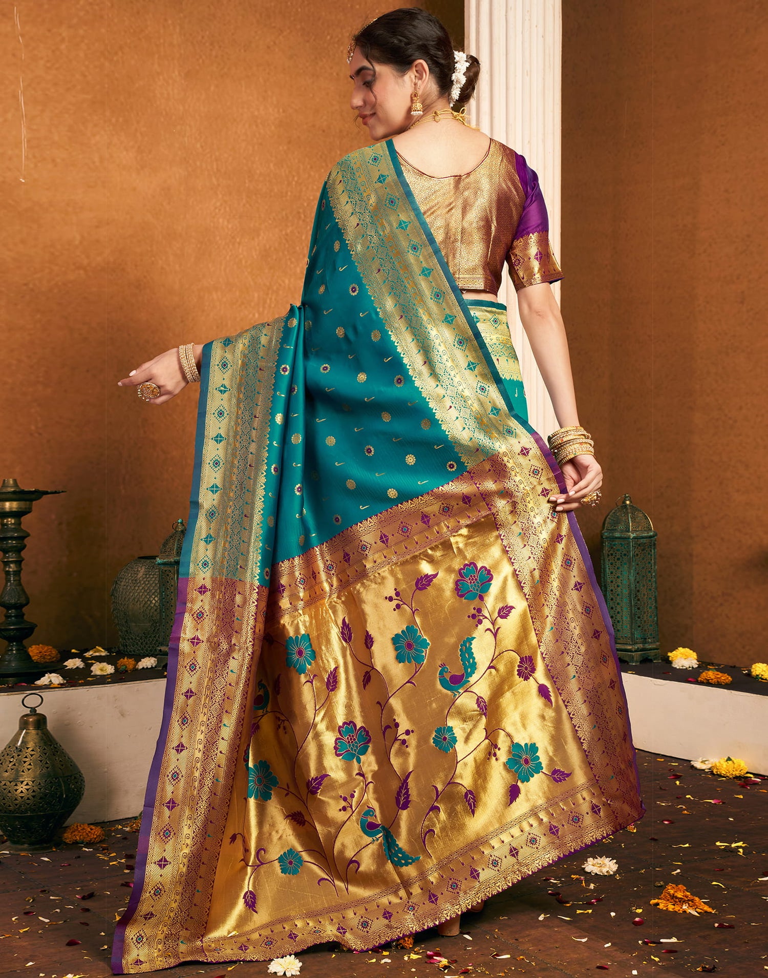 Teal Green Silk Woven Paithani Saree