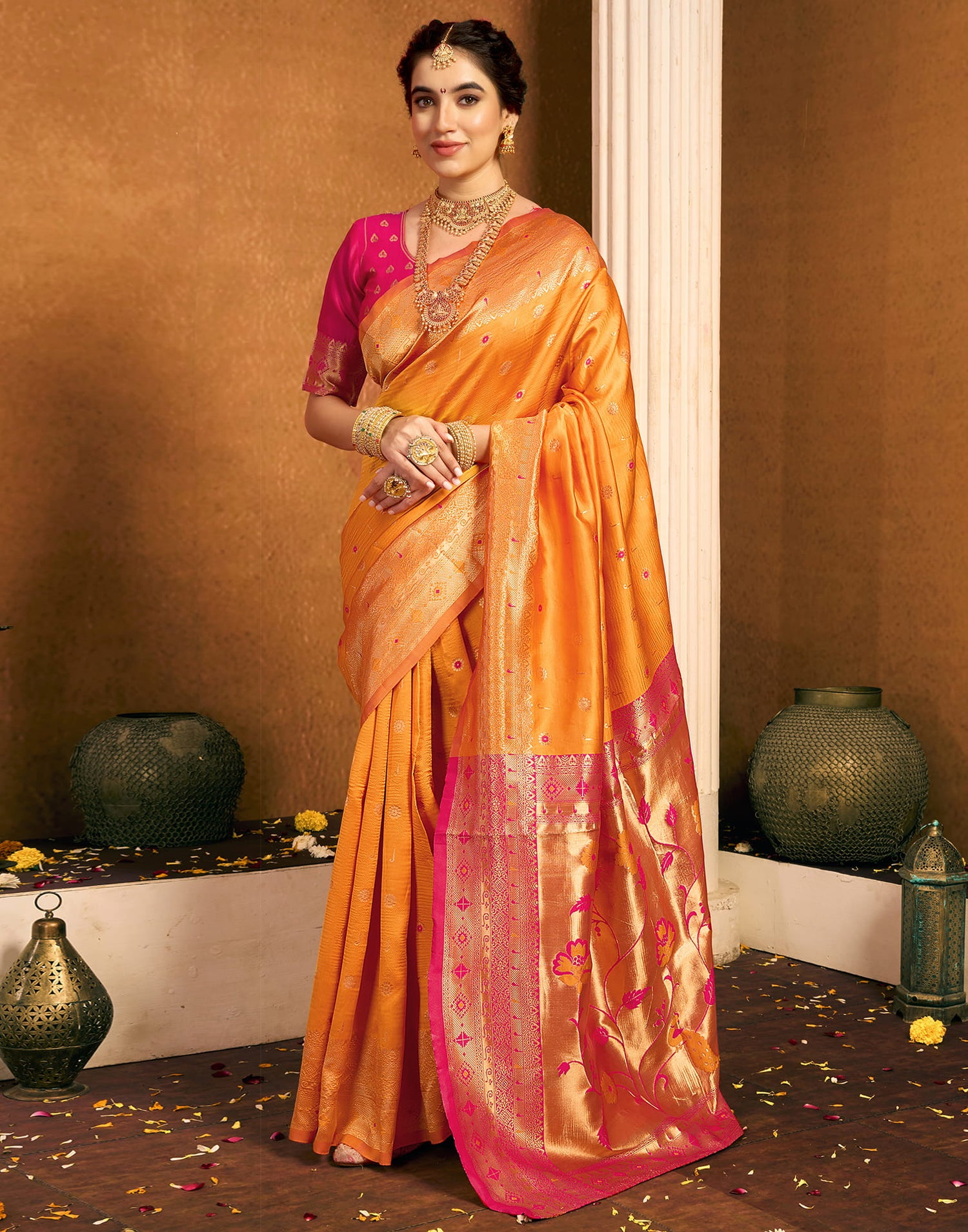 Saffron Silk Woven Paithani Saree