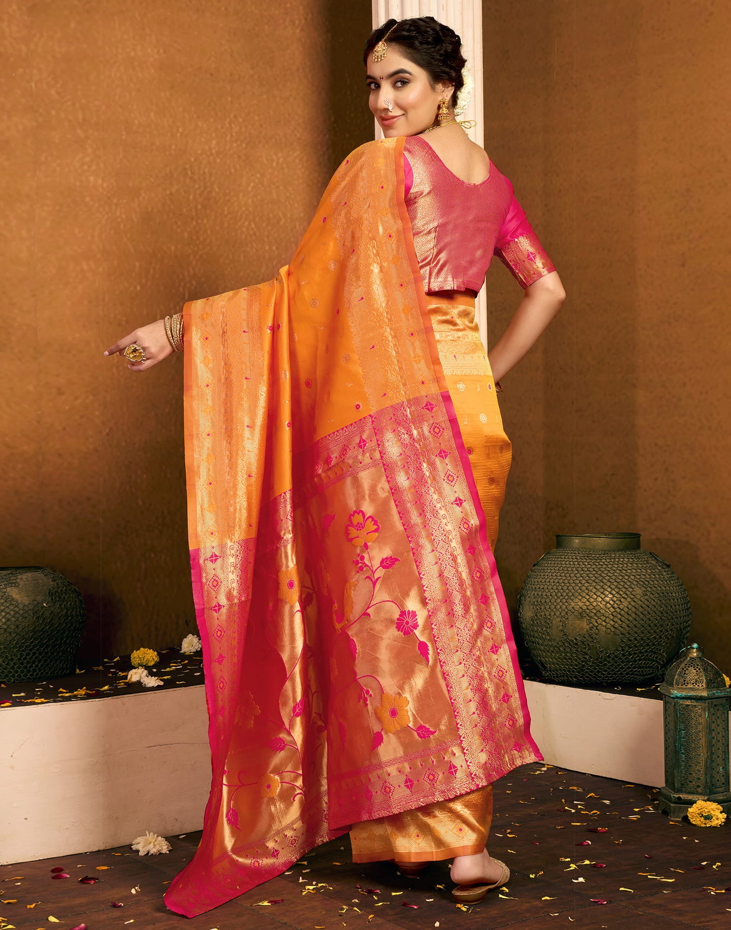 Saffron Silk Woven Paithani Saree