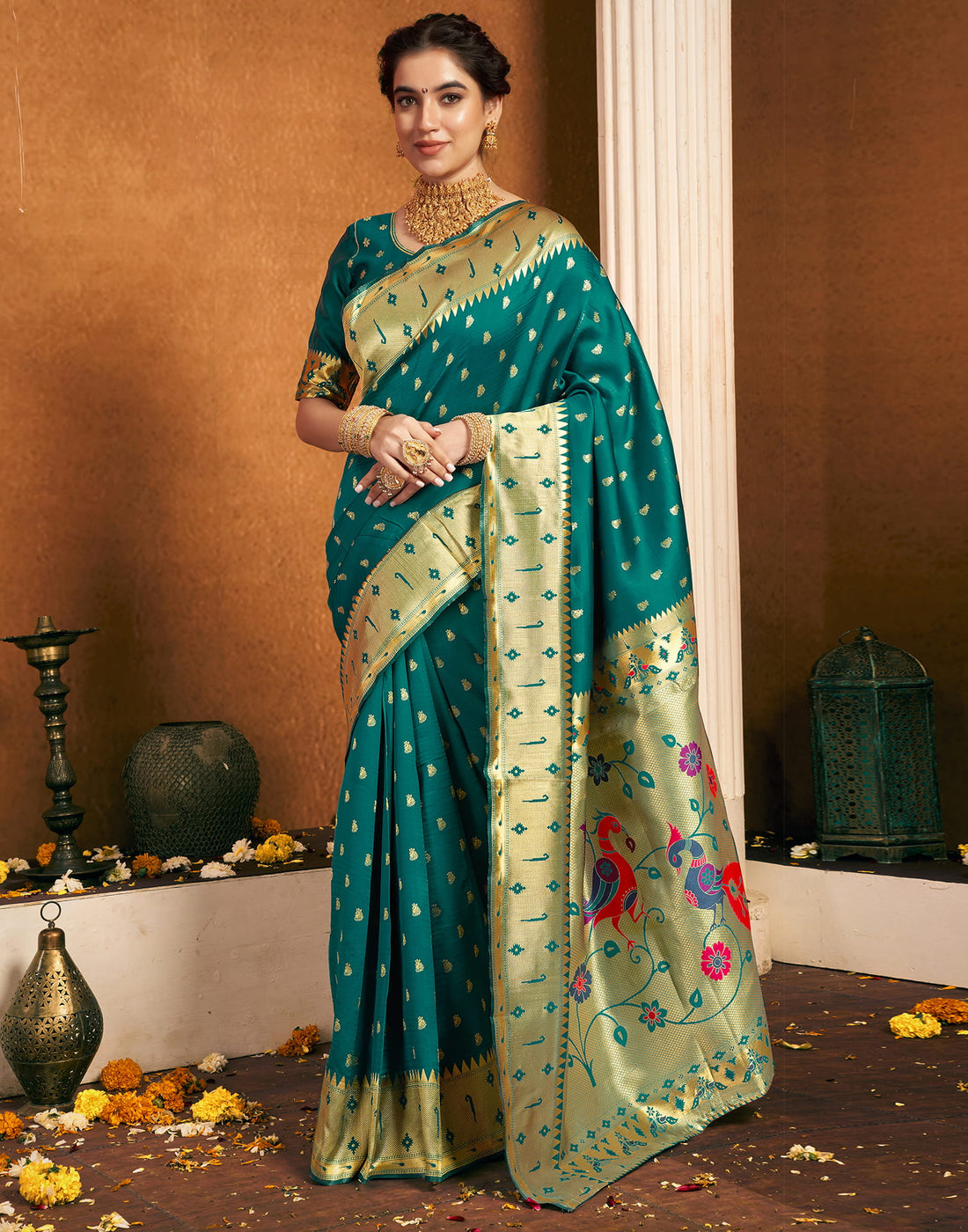 Teal Green Silk Woven Paithani Saree