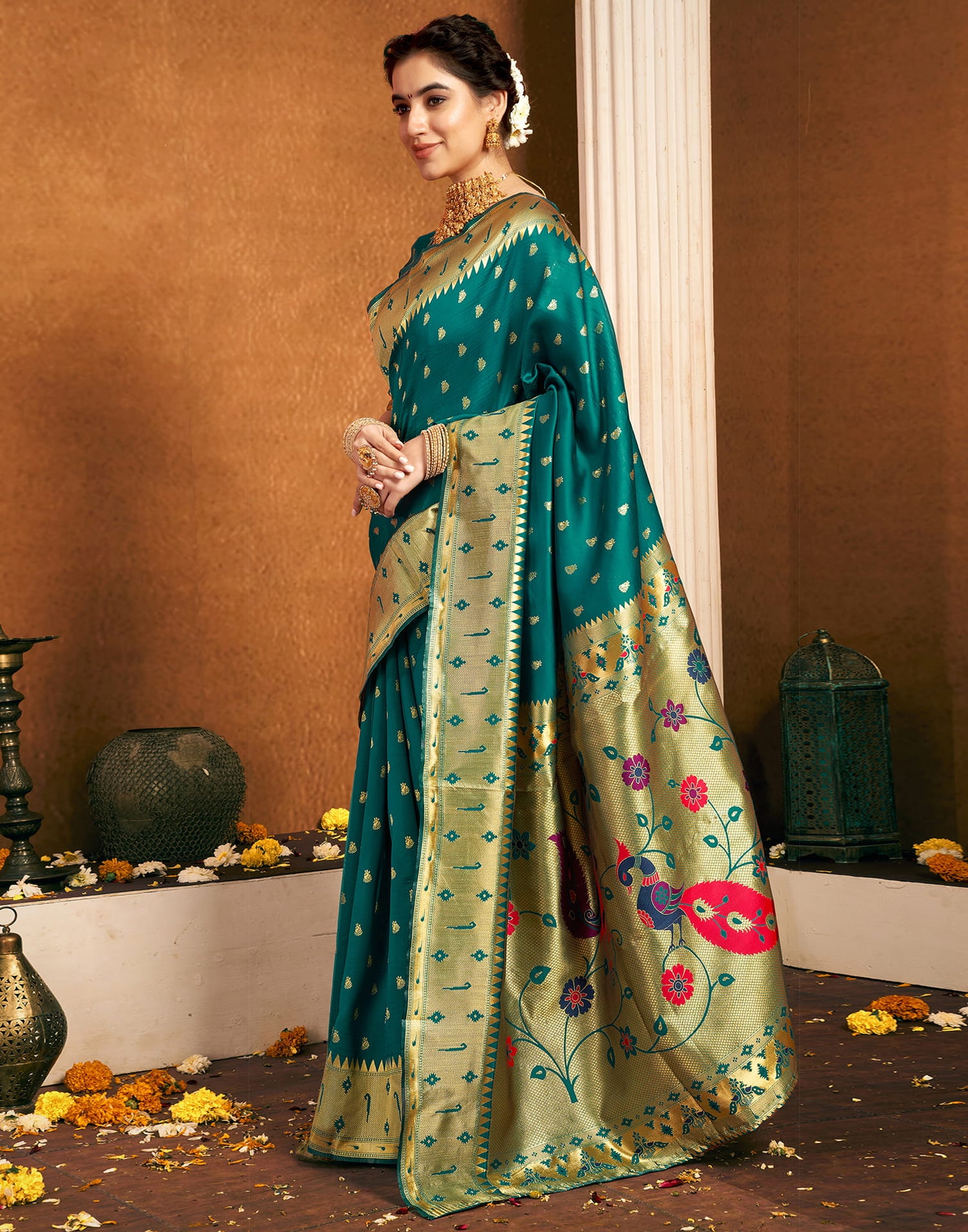 Teal Green Silk Woven Paithani Saree