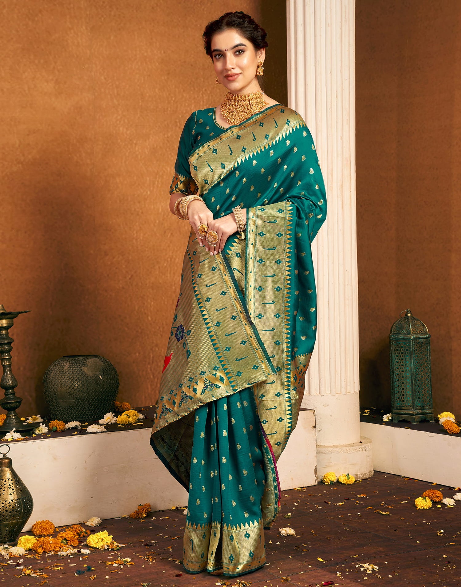 Teal Green Silk Woven Paithani Saree