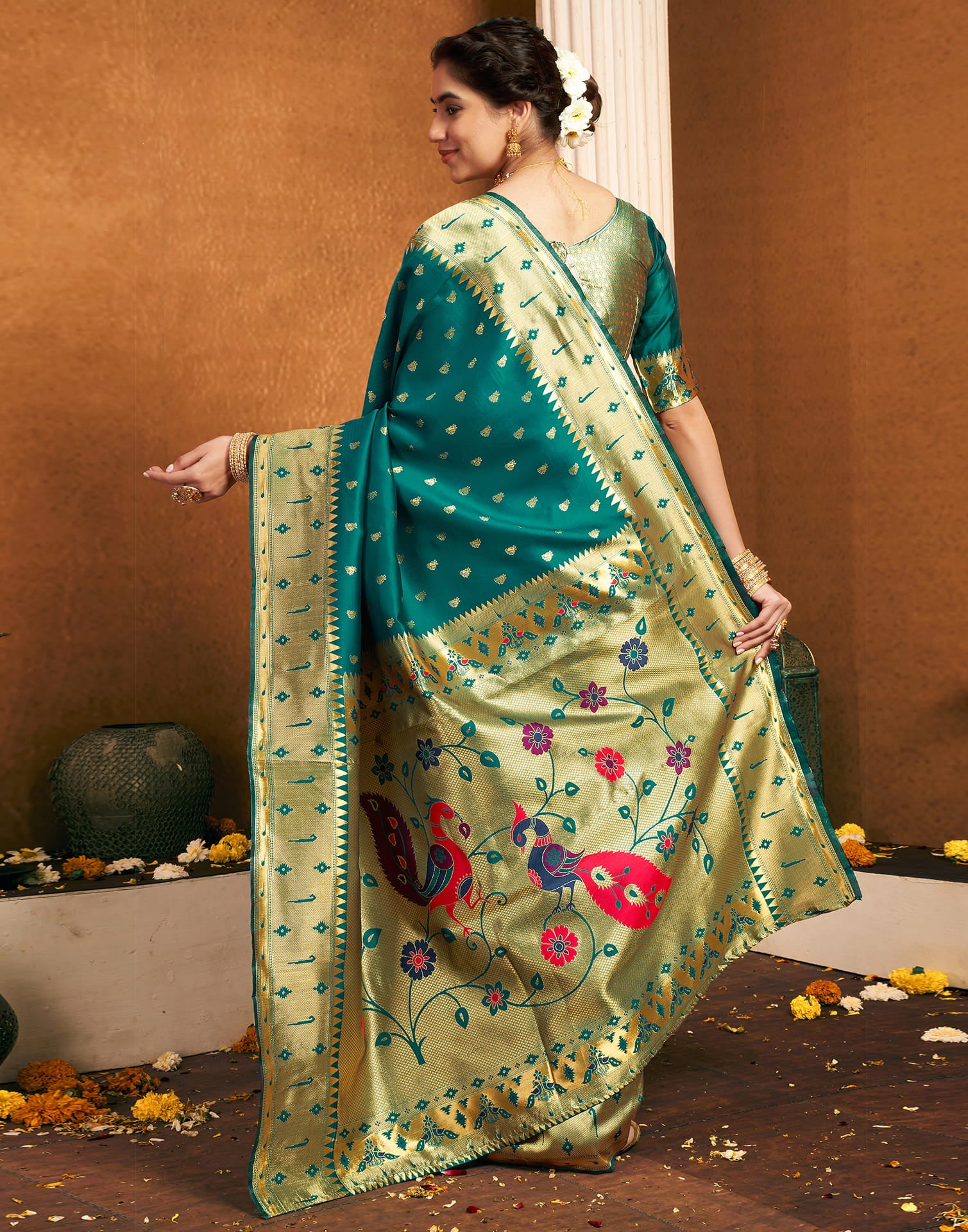 Teal Green Silk Woven Paithani Saree