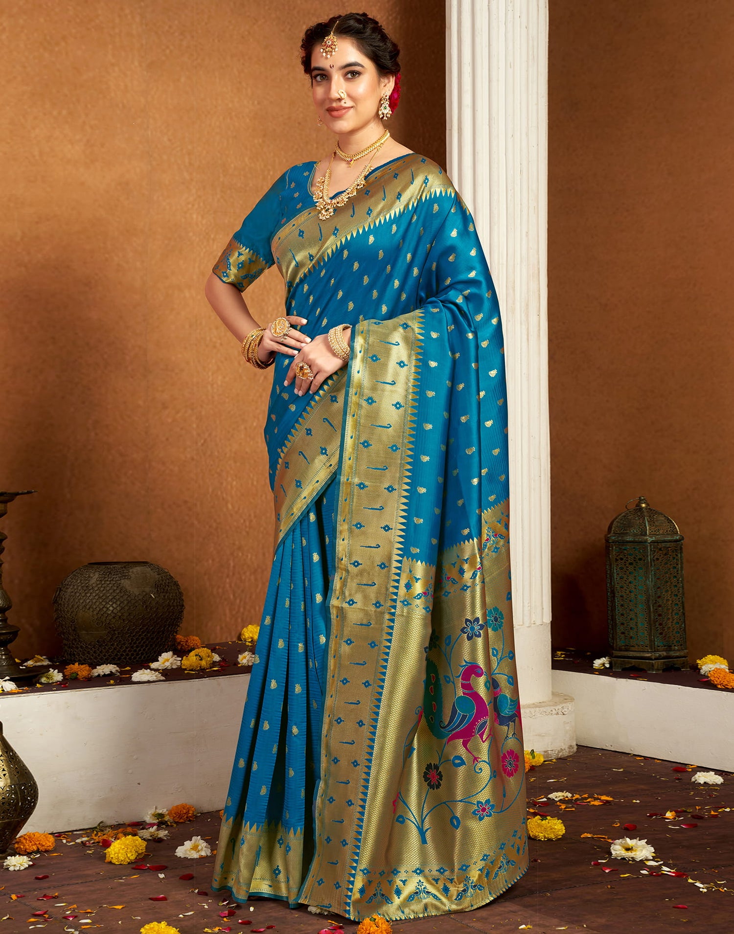 Teal Blue Silk Woven Paithani Saree