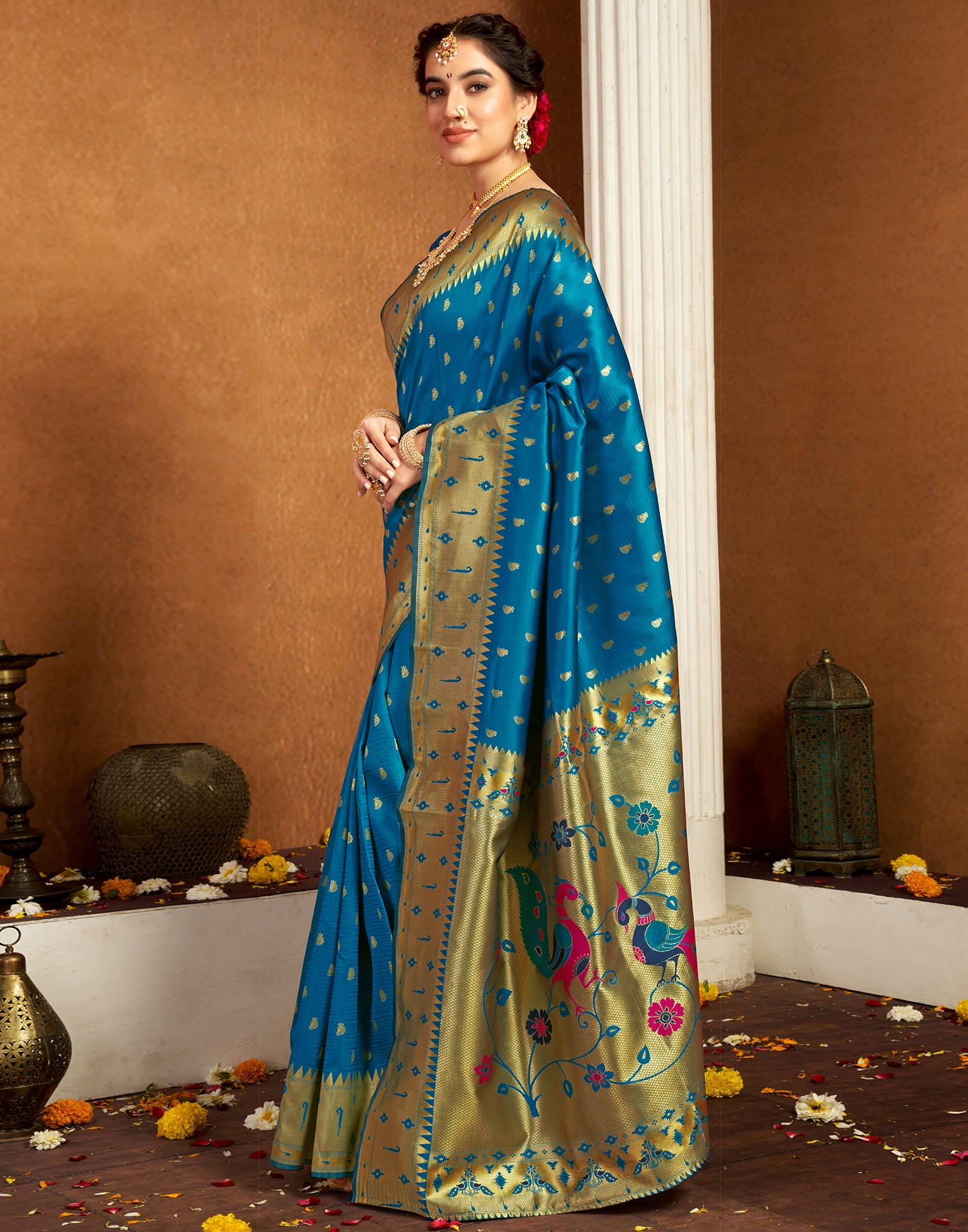 Teal Blue Silk Woven Paithani Saree