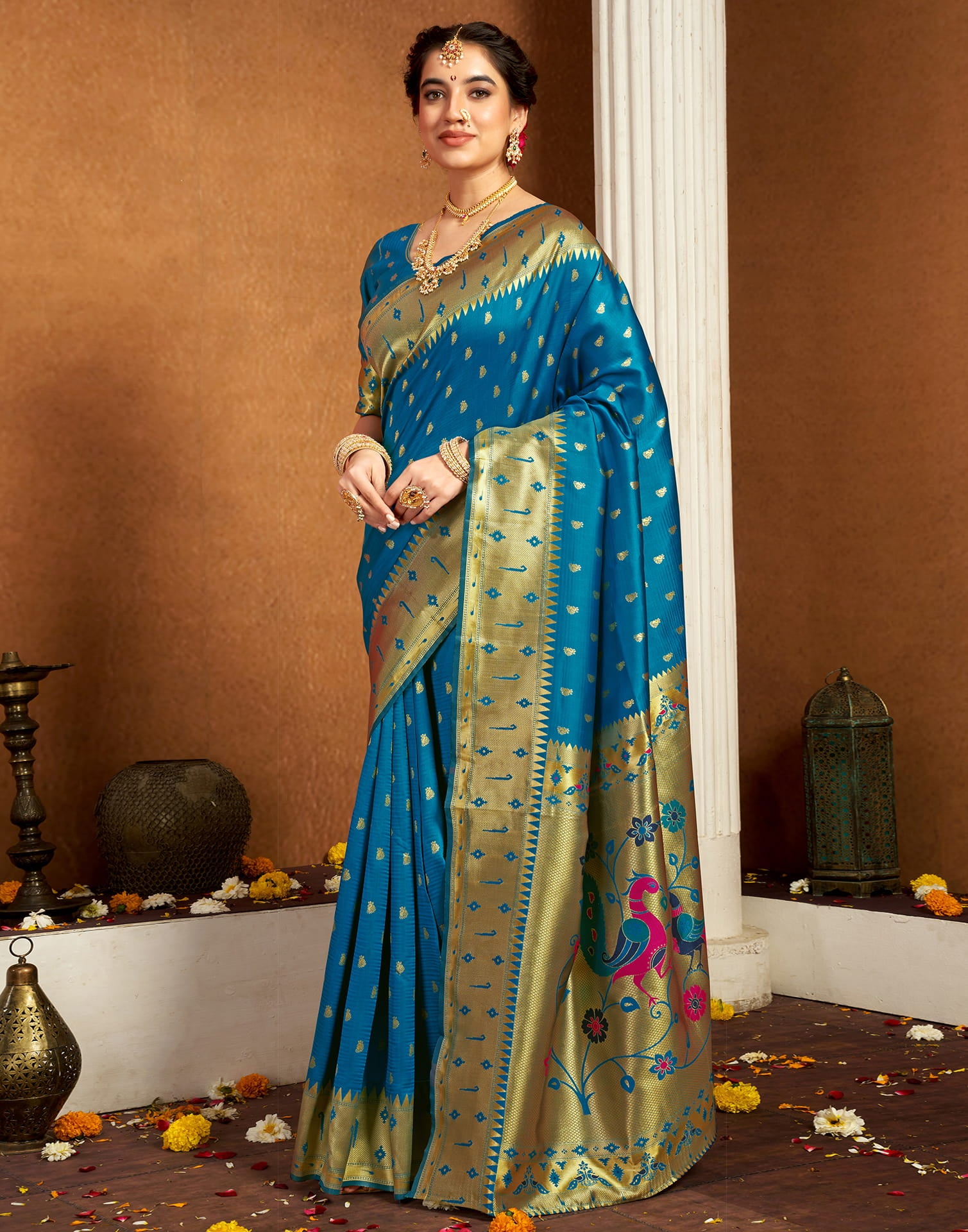 Teal Blue Silk Woven Paithani Saree