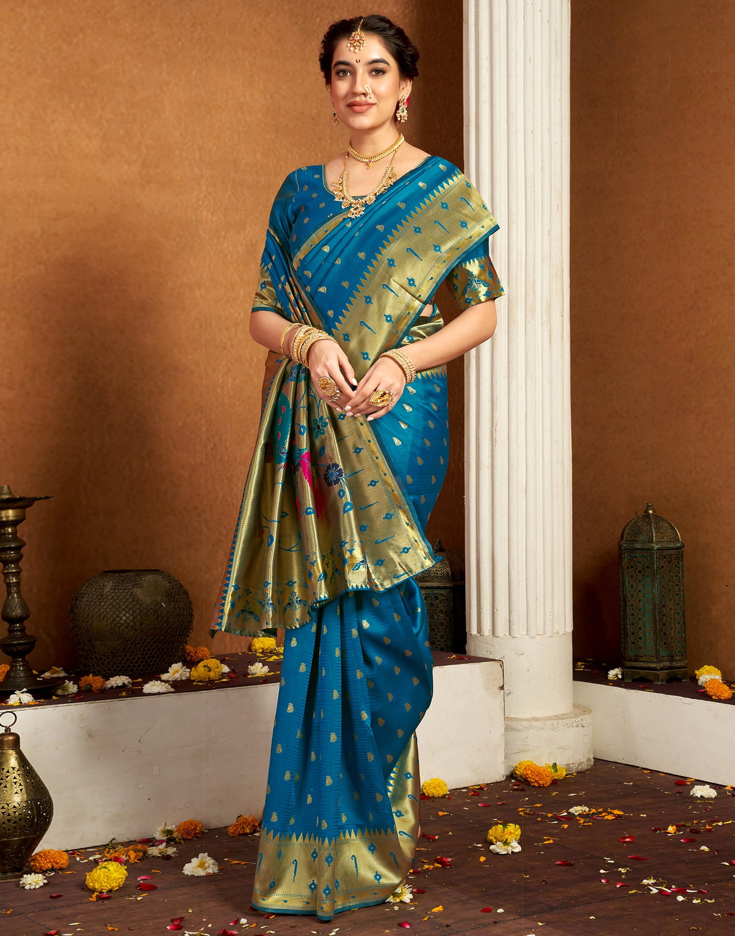 Teal Blue Silk Woven Paithani Saree