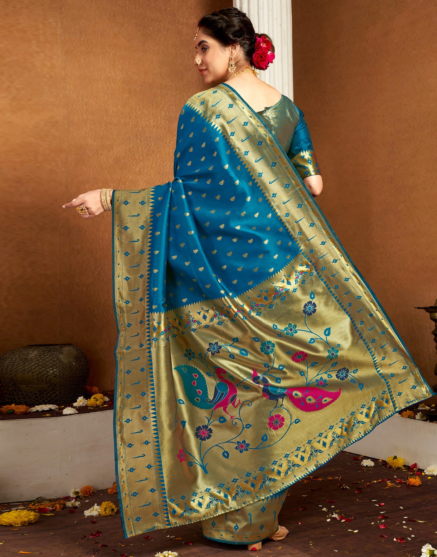 Teal Blue Silk Woven Paithani Saree