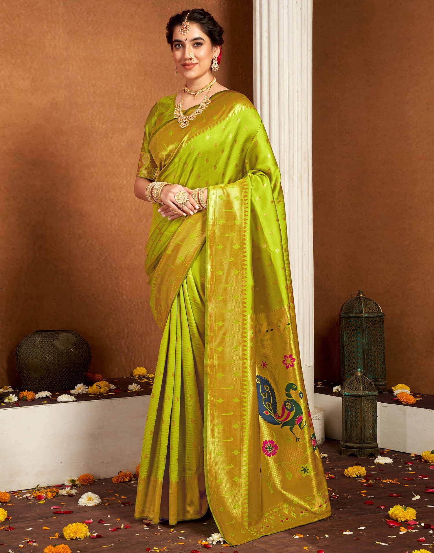 Lime Green Silk Woven Paithani Saree