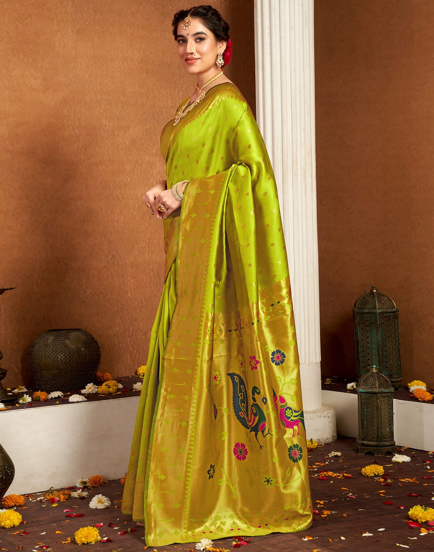 Lime Green Silk Woven Paithani Saree