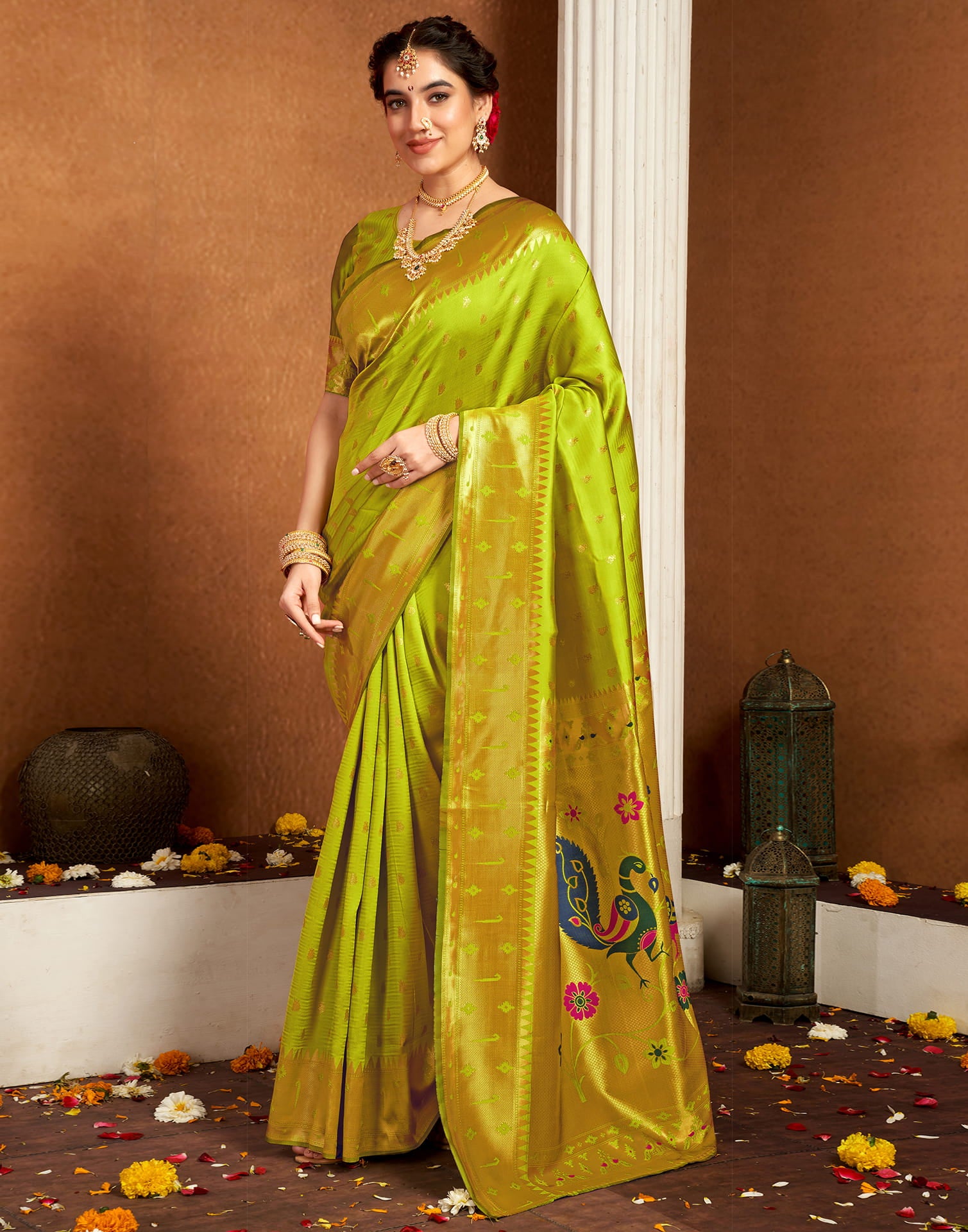 Lime Green Silk Woven Paithani Saree