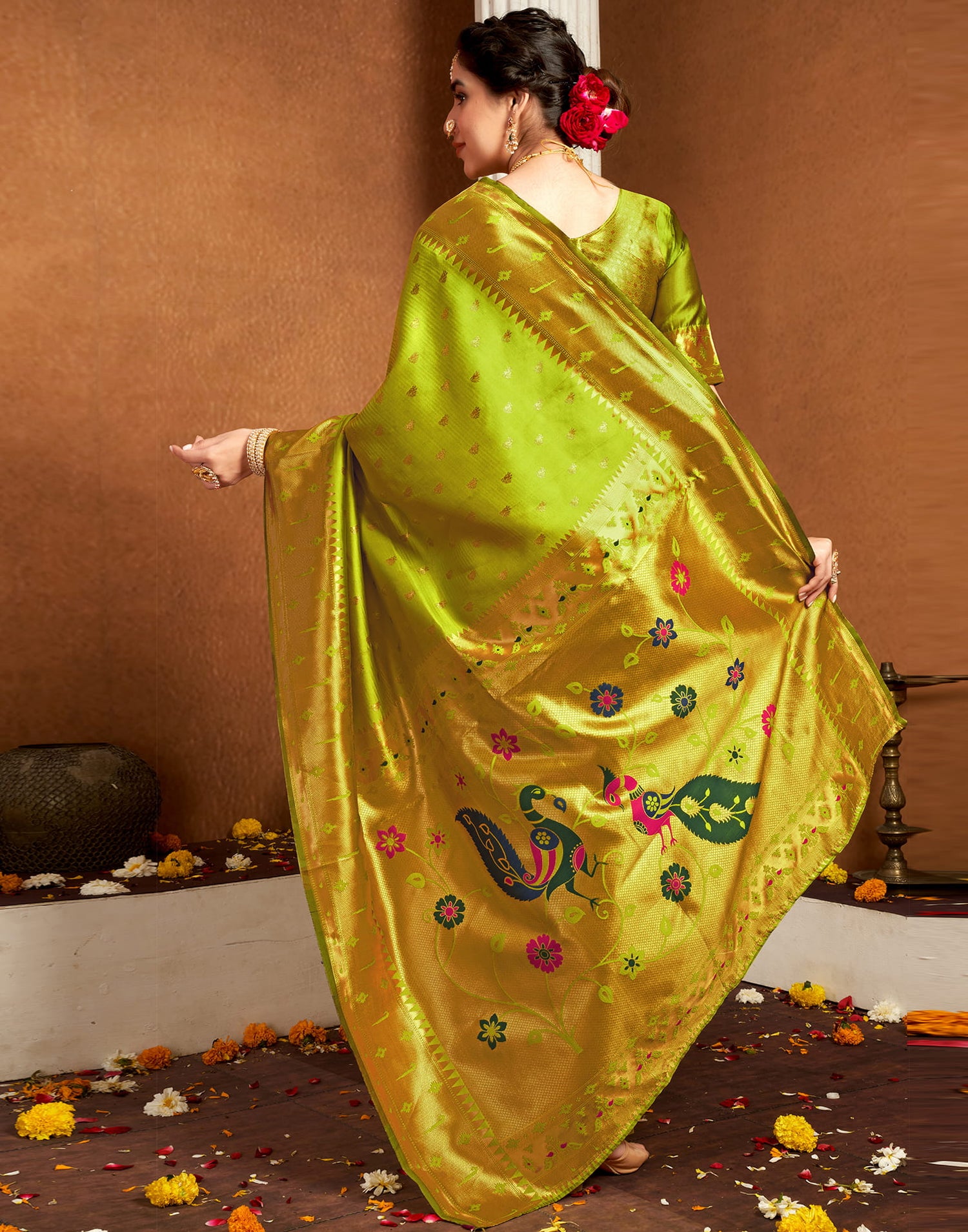 Lime Green Silk Woven Paithani Saree