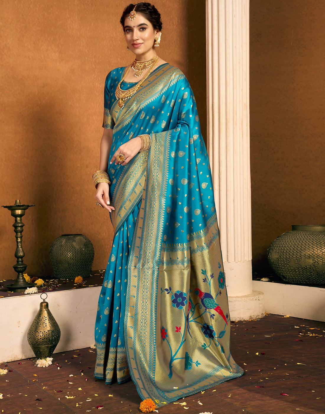 Teal Blue Silk Woven Paithani Saree