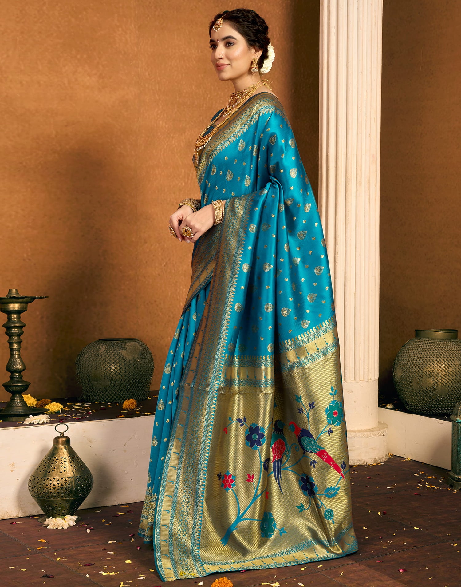 Teal Blue Silk Woven Paithani Saree