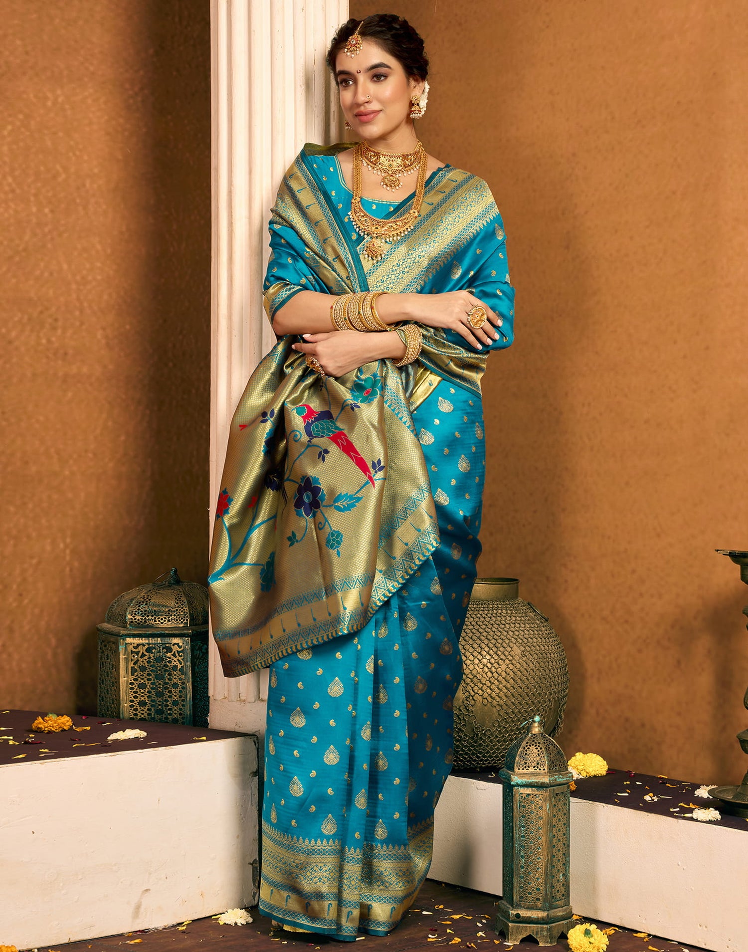 Teal Blue Silk Woven Paithani Saree