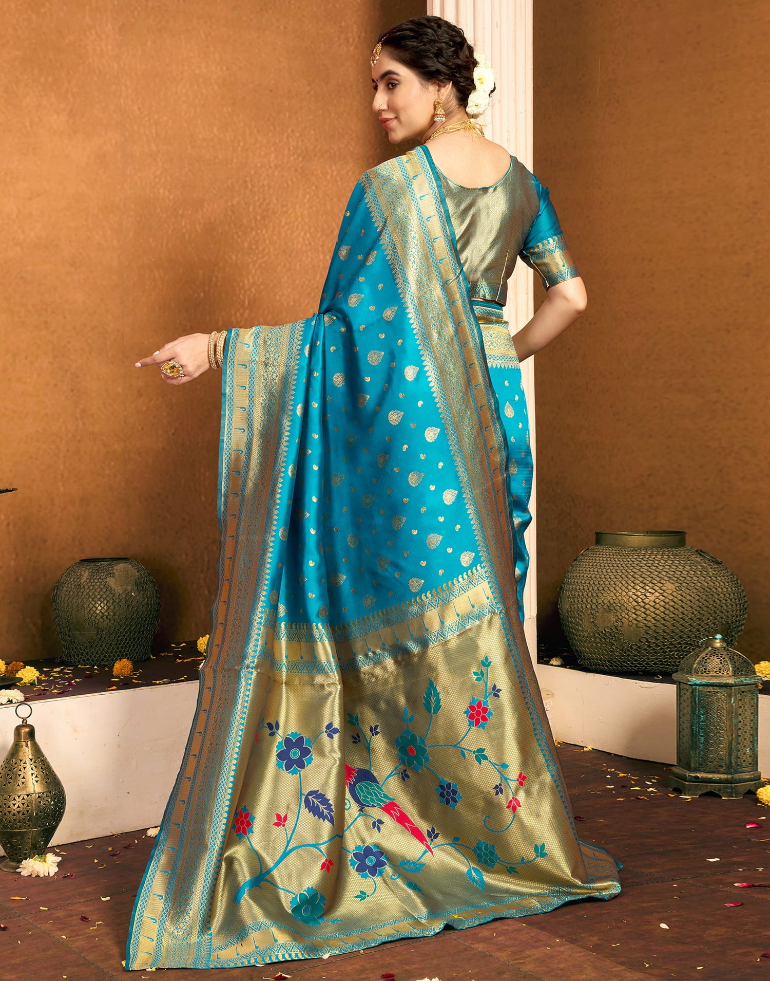 Teal Blue Silk Woven Paithani Saree