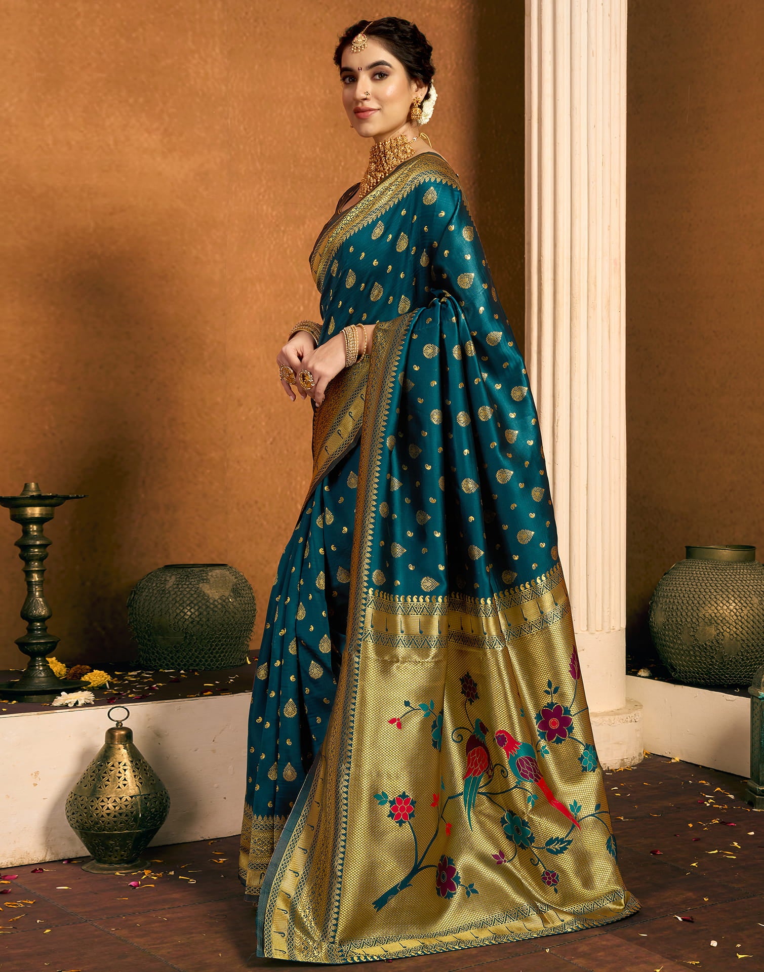 Dark Rama Blue Silk Woven Paithani Saree