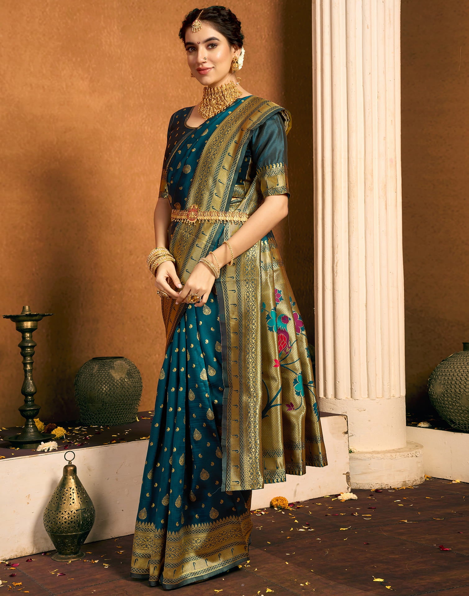 Dark Rama Blue Silk Woven Paithani Saree