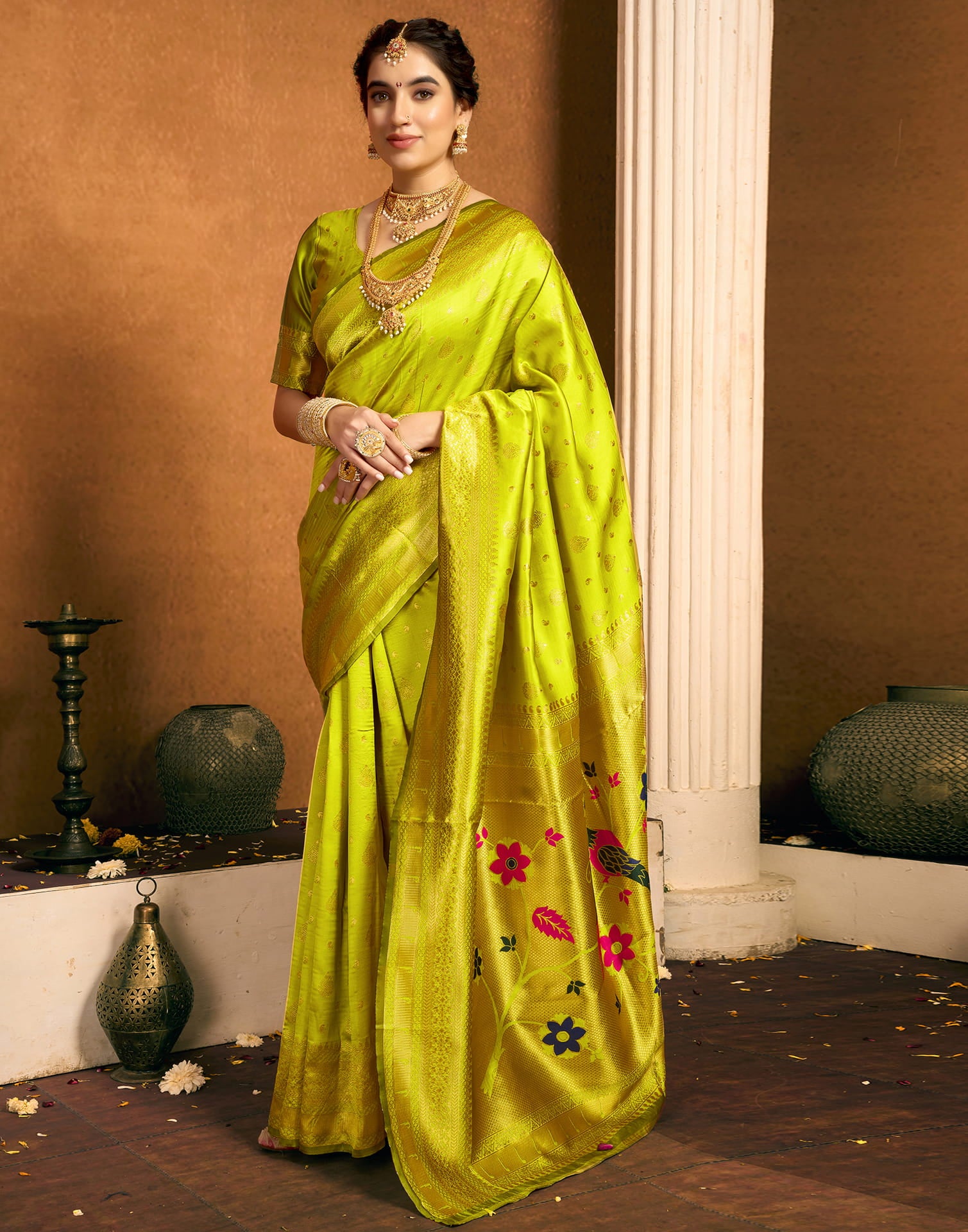 Lime Green Silk Woven Paithani Saree