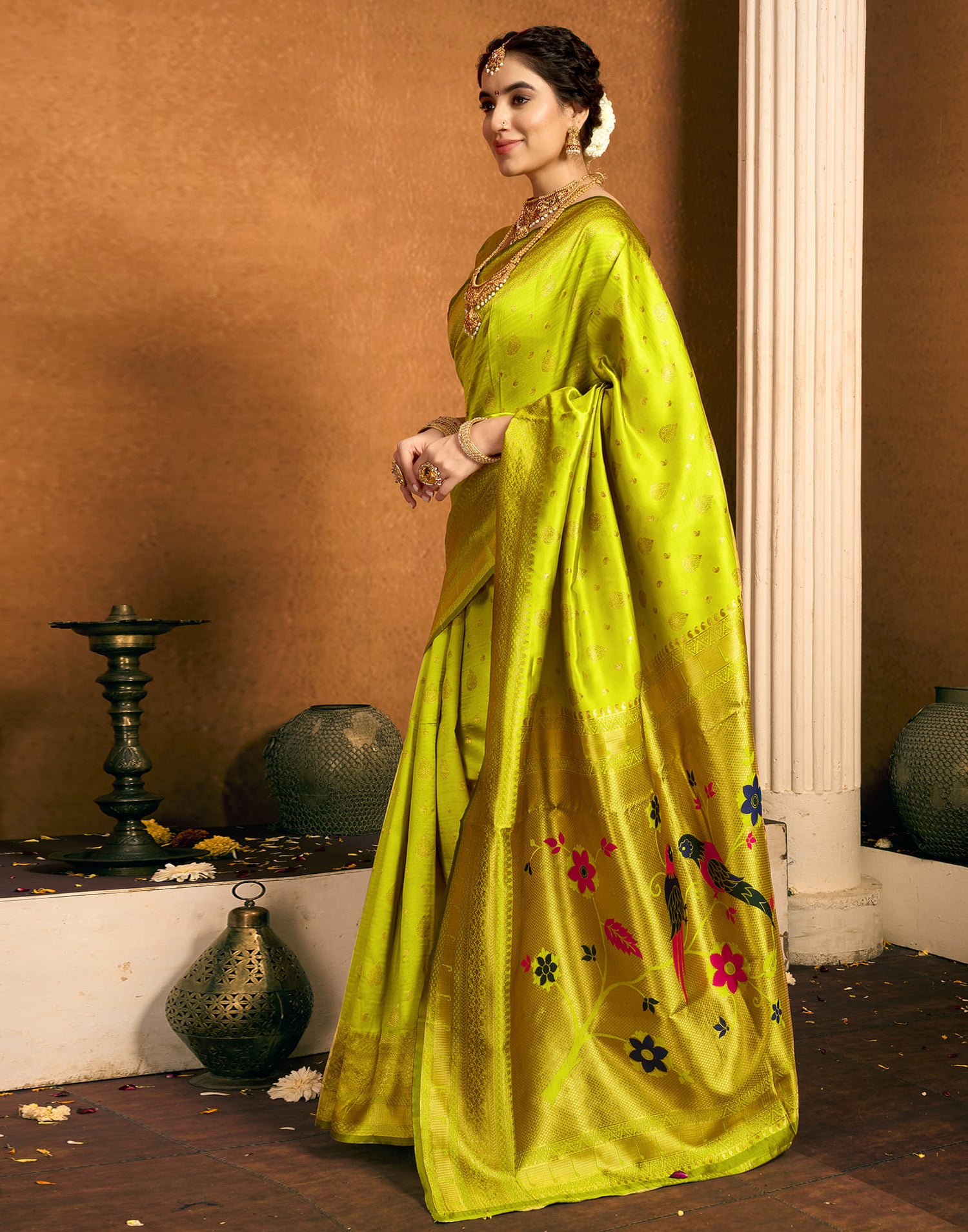 Lime Green Silk Woven Paithani Saree