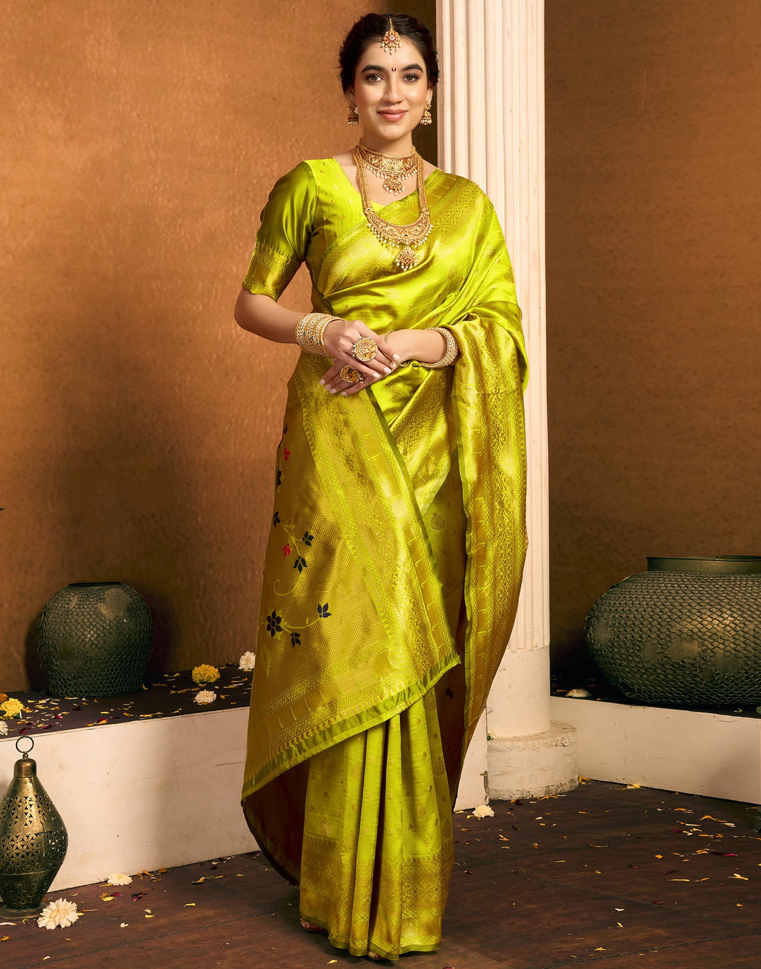 Lime Green Silk Woven Paithani Saree