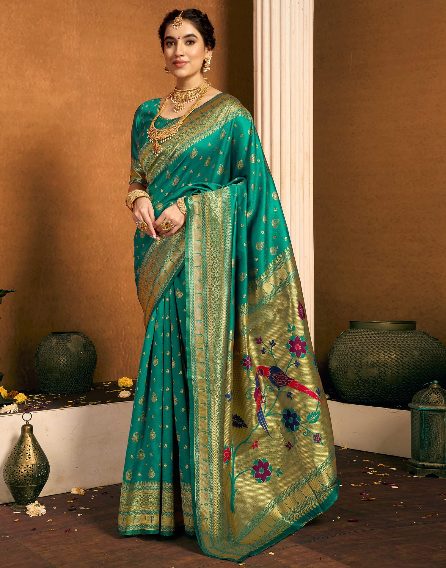 Teal Green Silk Woven Paithani Saree