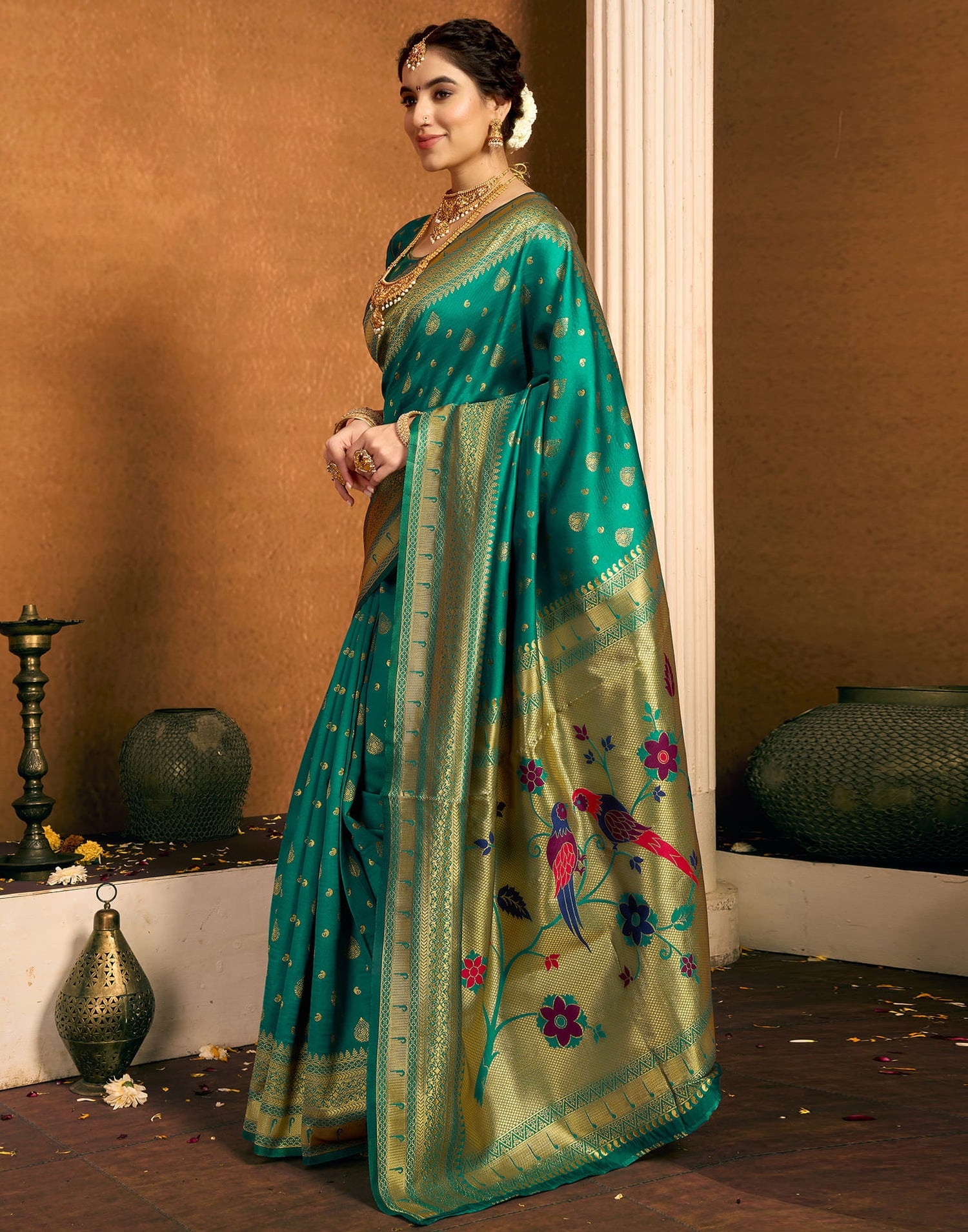 Teal Green Silk Woven Paithani Saree