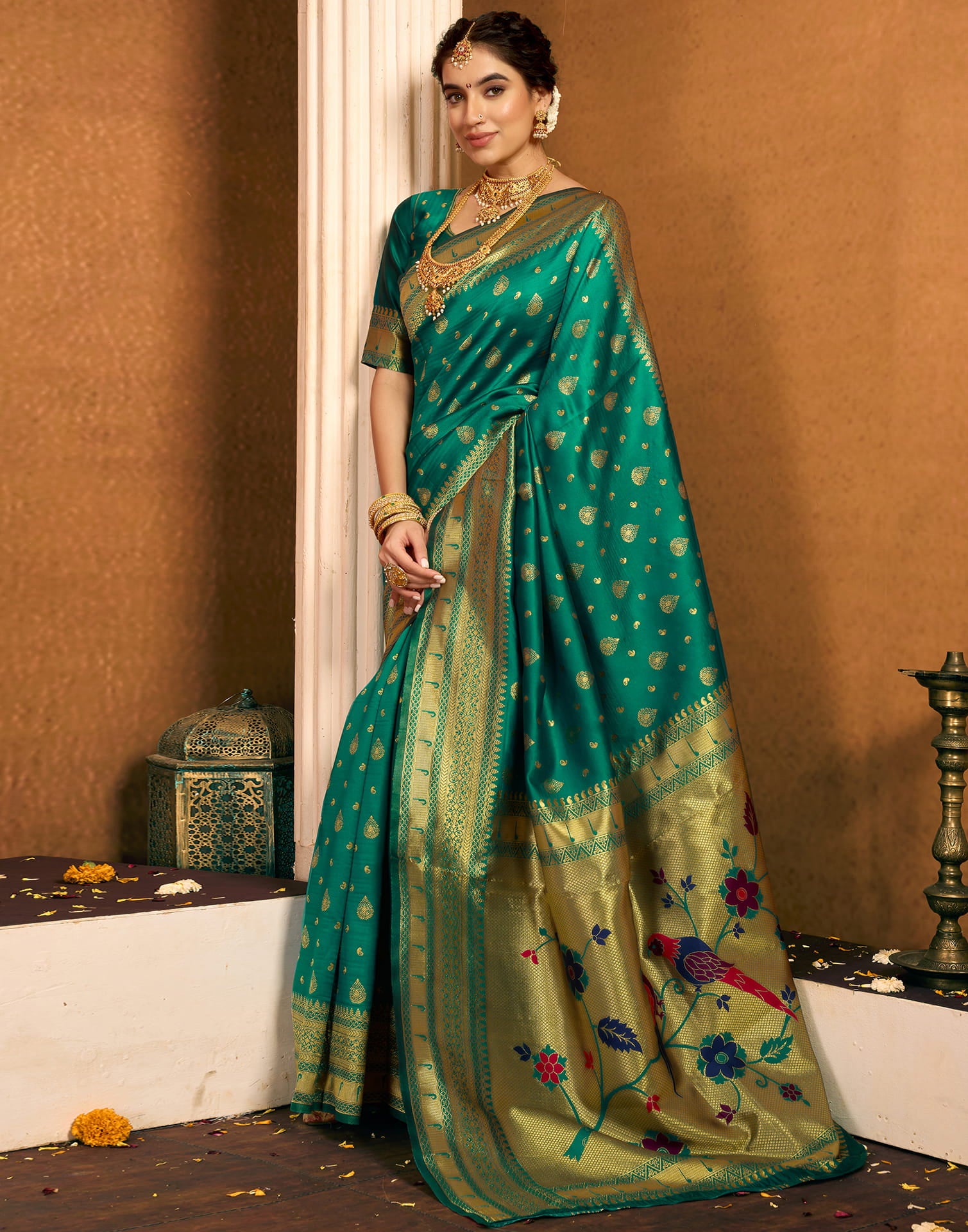 Teal Green Silk Woven Paithani Saree