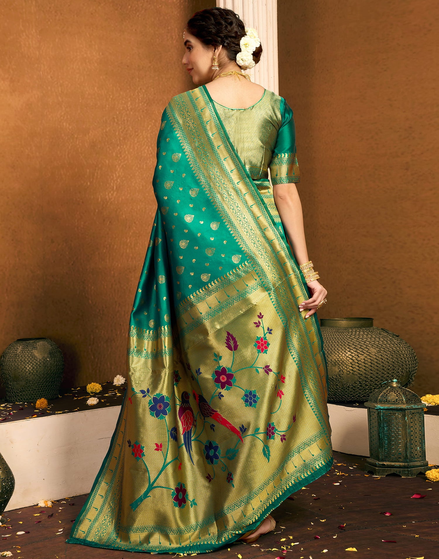 Teal Green Silk Woven Paithani Saree