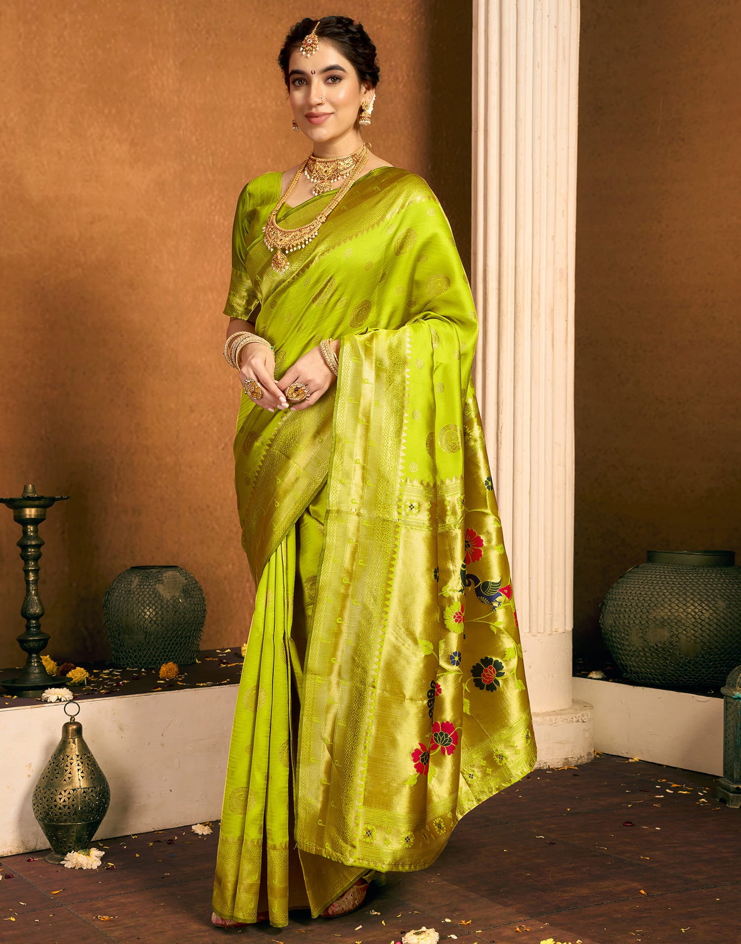 Lime Green Silk Woven Paithani Saree