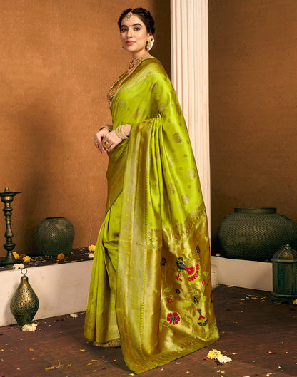 Lime Green Silk Woven Paithani Saree