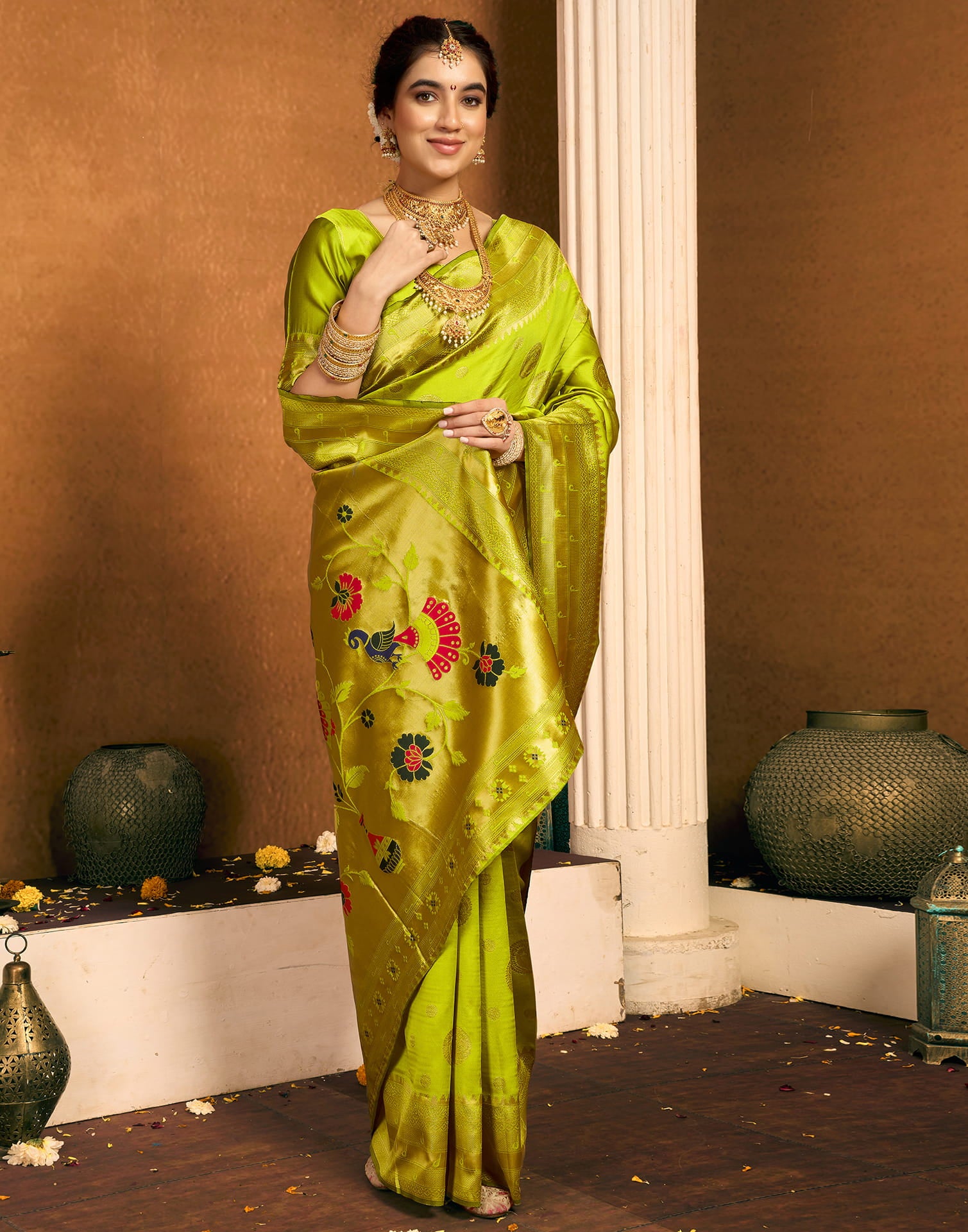 Lime Green Silk Woven Paithani Saree