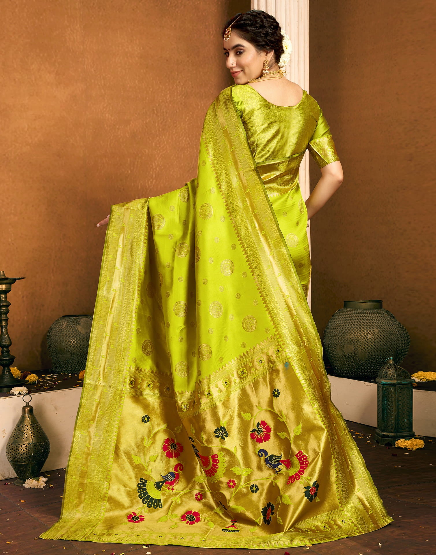 Lime Green Silk Woven Paithani Saree