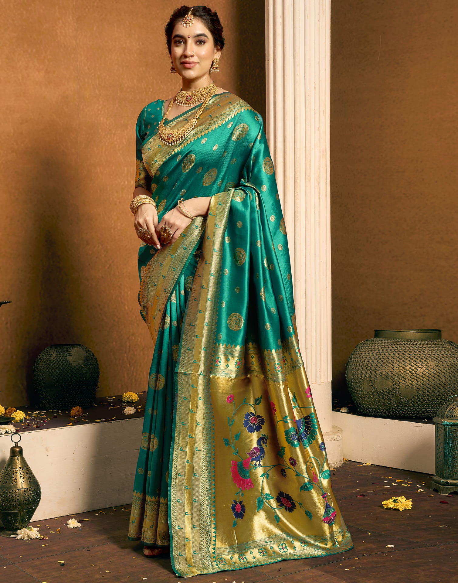 Teal Green Silk Woven Paithani Saree