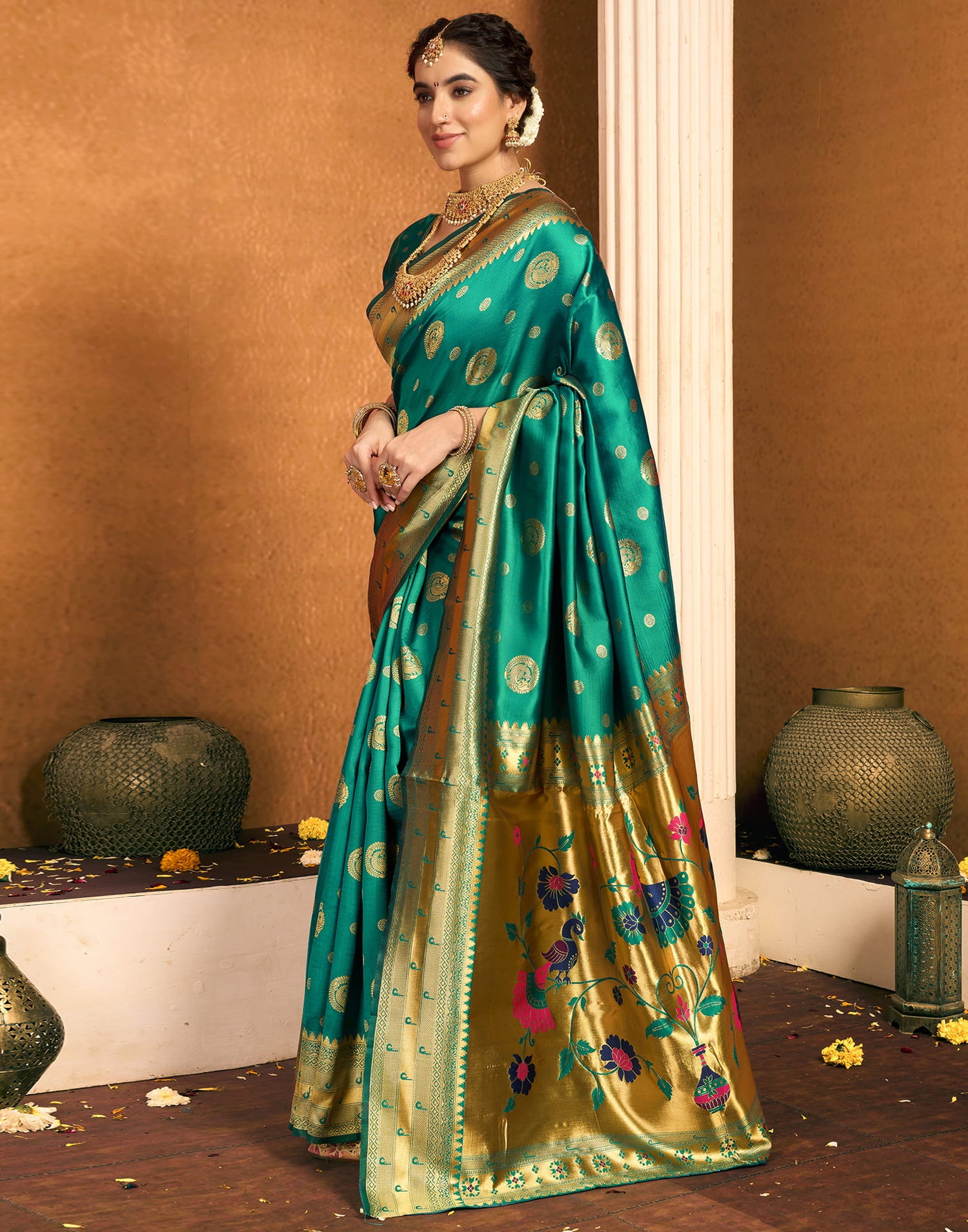 Teal Green Silk Woven Paithani Saree