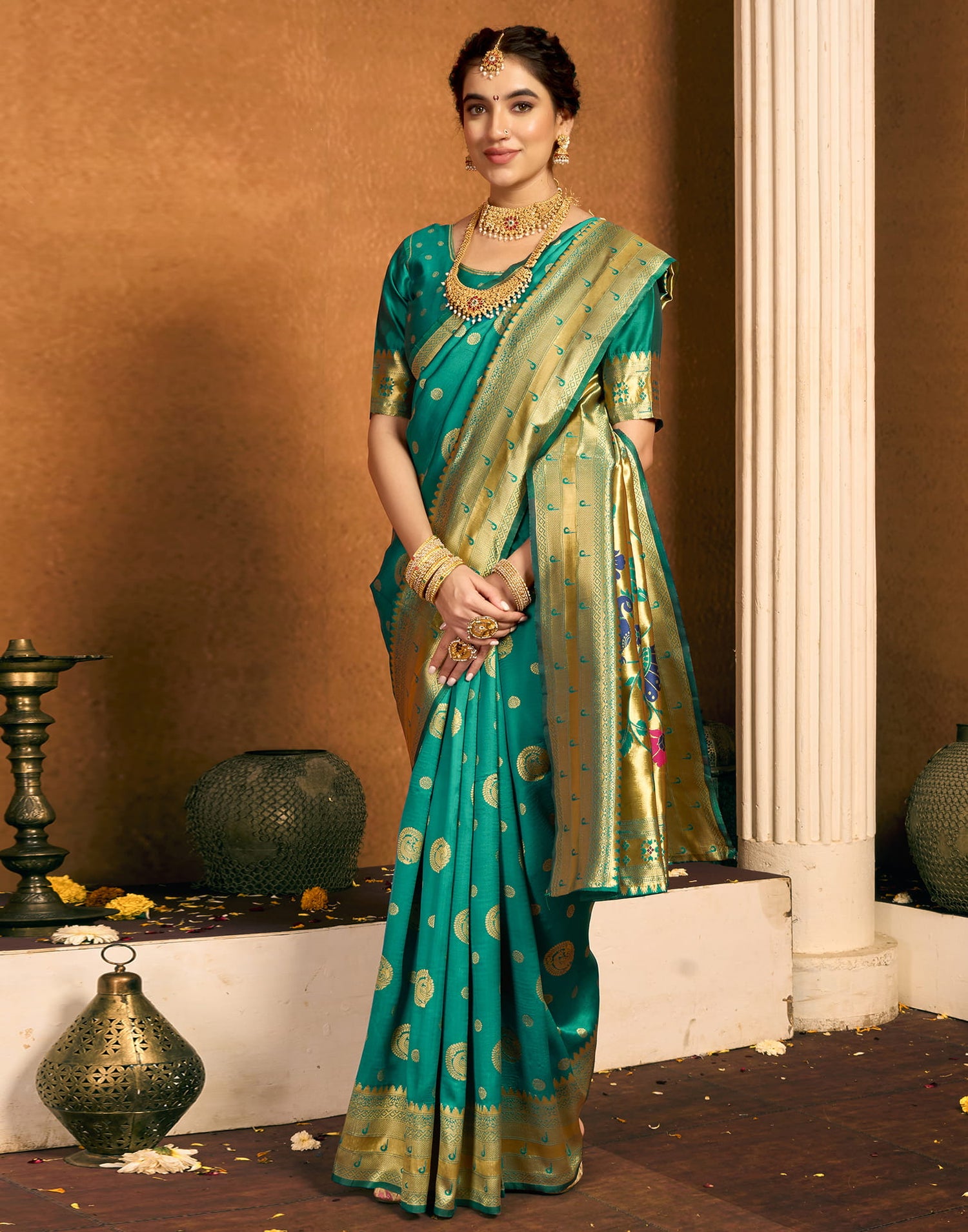 Teal Green Silk Woven Paithani Saree